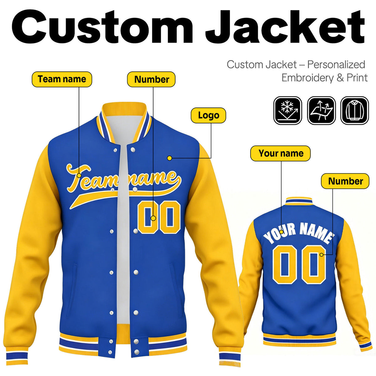Custom Blue & Yellow Contrast Sleeve Varsity Baseball Jacket | Personalized Team Name & Number