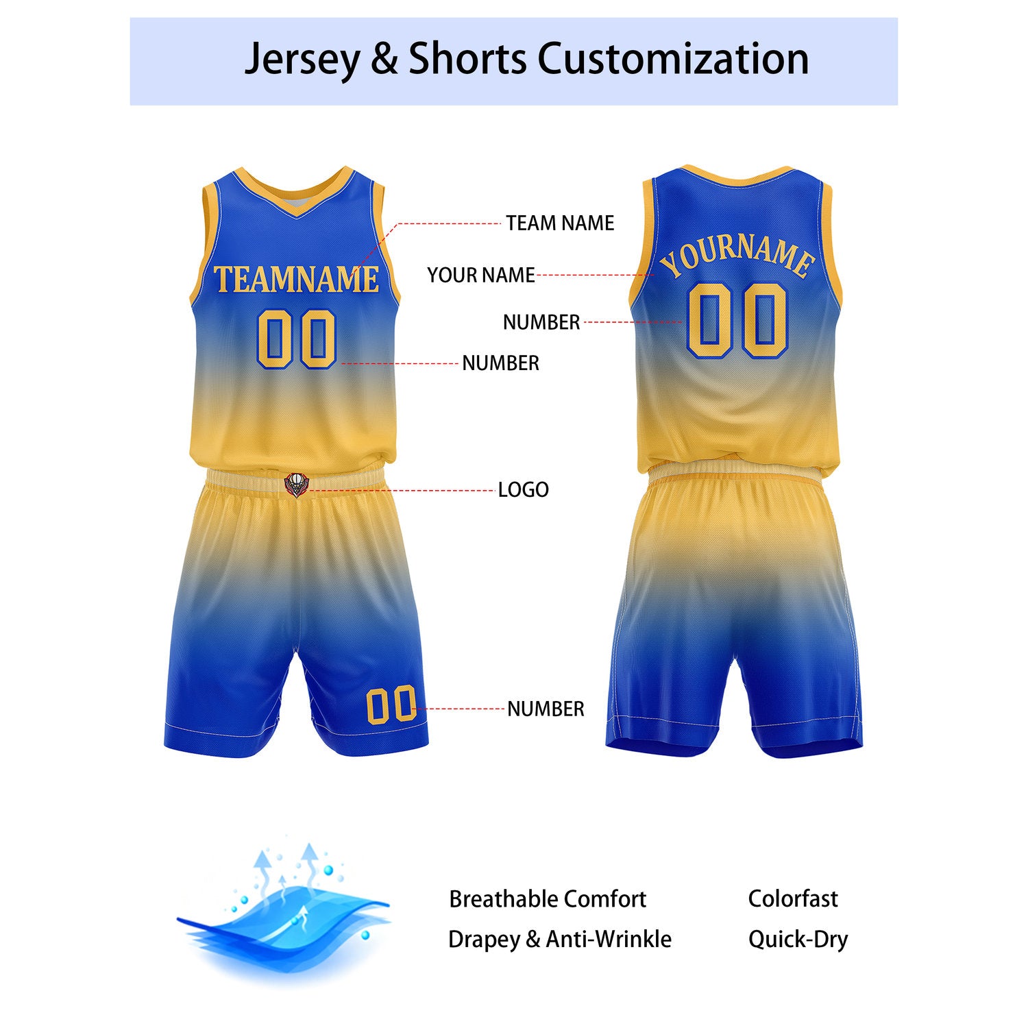 Custom Blue & Yellow Gradient Basketball Jersey + Shorts Set - Personalized Team Name, Number | Vosoli