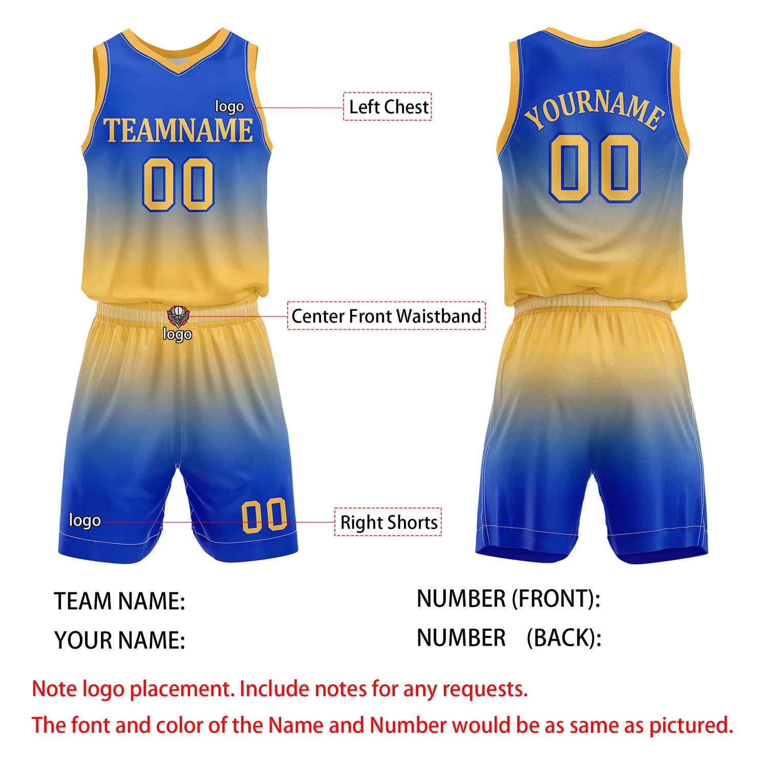 Custom Blue & Yellow Gradient Basketball Jersey + Shorts Set - Personalized Team Name, Number | Vosoli