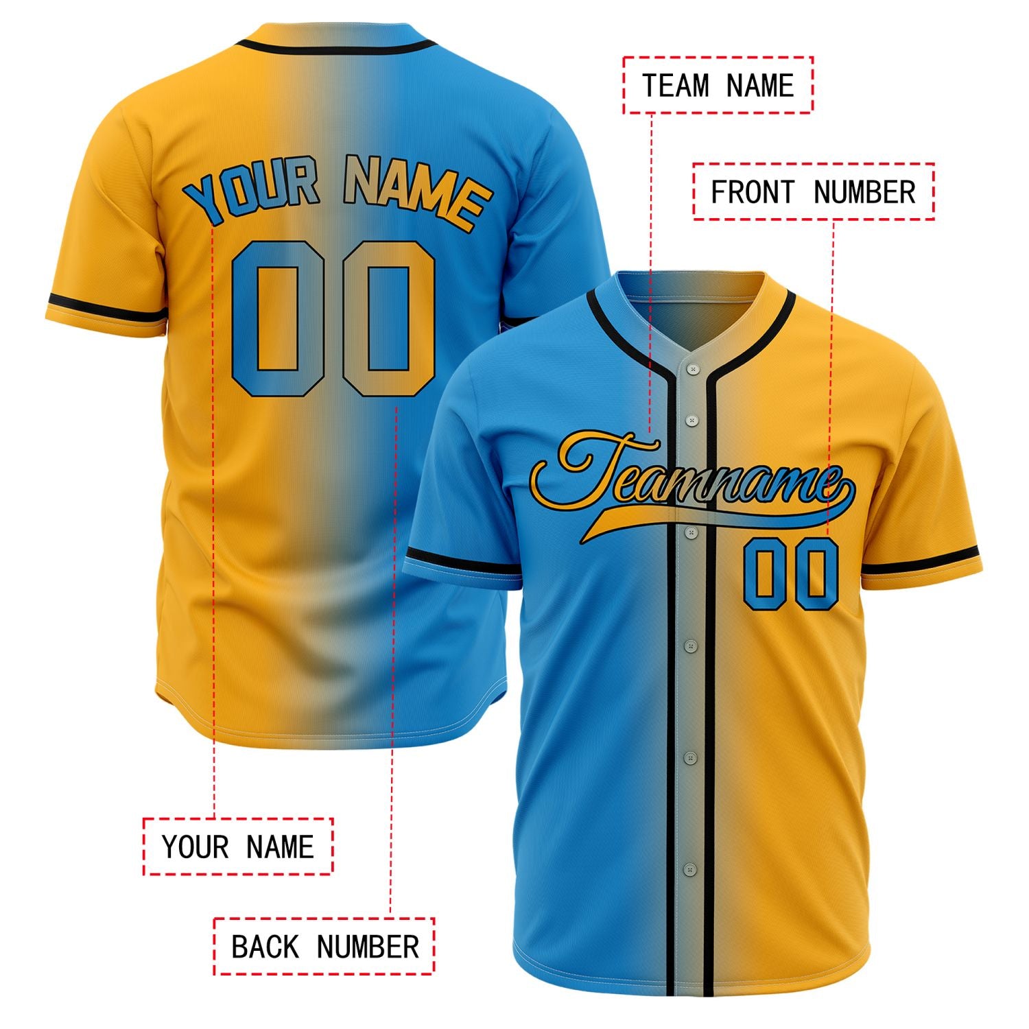 Custom Blue and Yellow Gradient Baseball Jersey | Personalized Two-Tone Fade Team Uniform