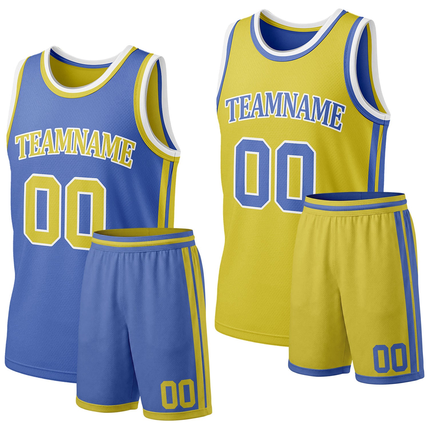 Custom blue & yellow reversible basketball jersey shorts set by Vosoli | Personalized team name & number full team uniform sportswear