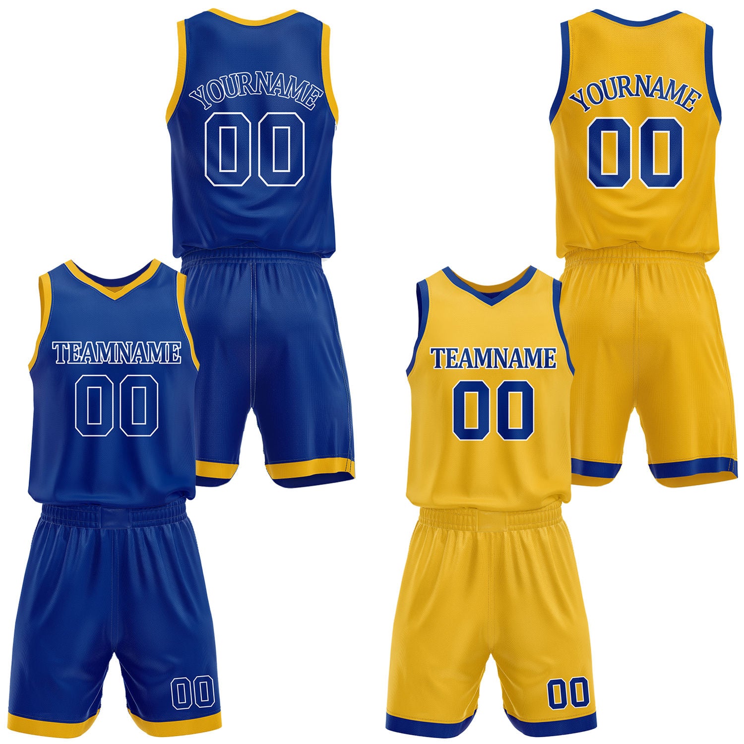 Custom blue & yellow reversible basketball jersey shorts set by Vosoli | Personalized team name number casual uniform sportswear