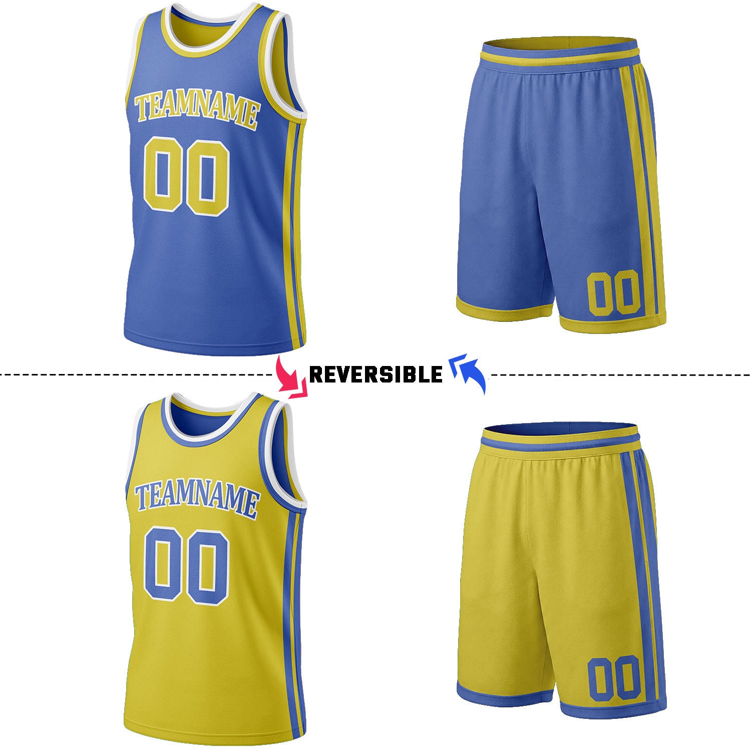 Custom Blue & Yellow Reversible Basketball Jersey Shorts Set | Personalized Full Team Uniform