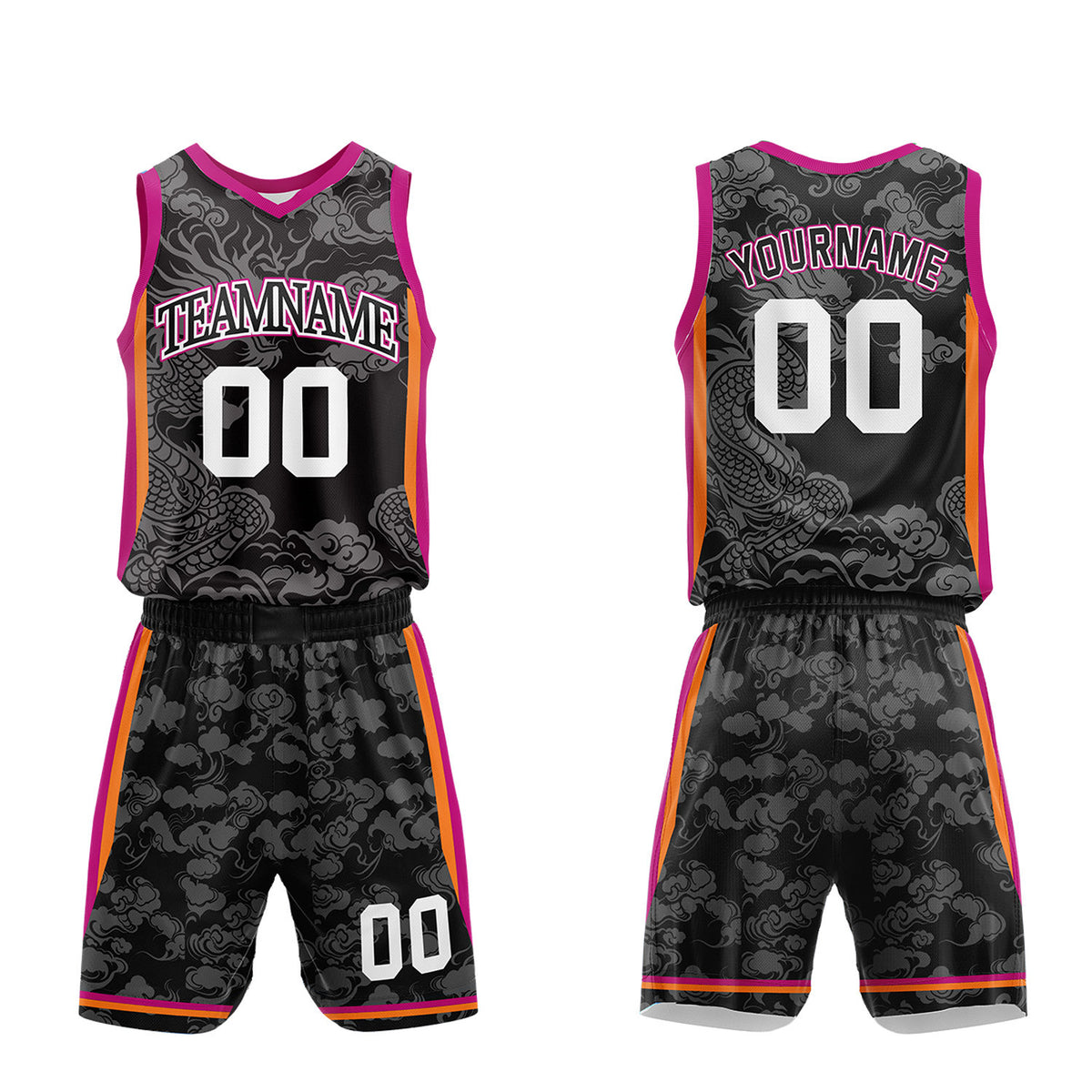Custom boys basketball jersey and short set, black dragon cloud sublimated jersey and shorts with personalized team name, player number and logo, breathable quick dry mesh for boys games.