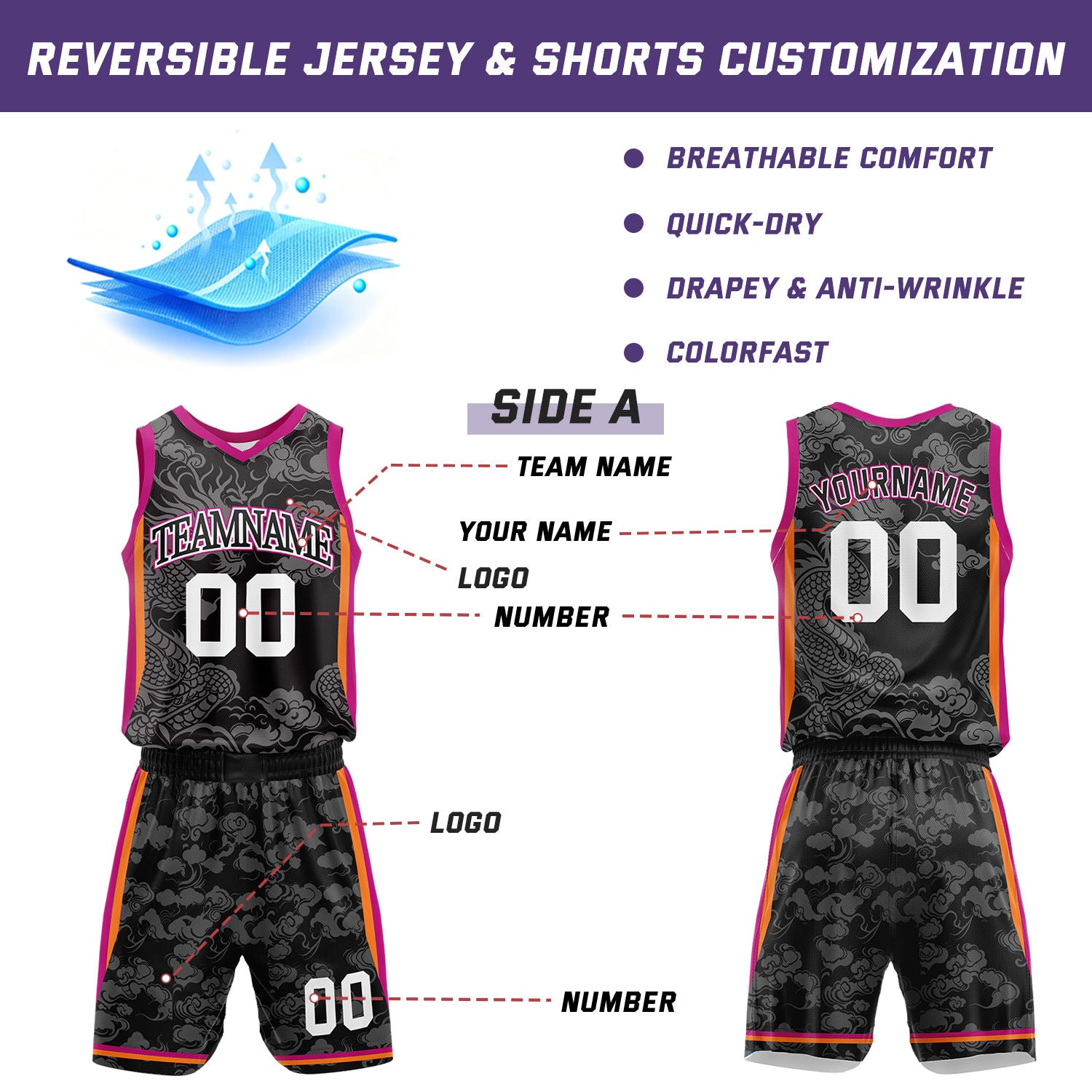 Custom Basketball Jersey and Short Set | Black Dragon Cloud V-Neck Sublimated Team Uniform