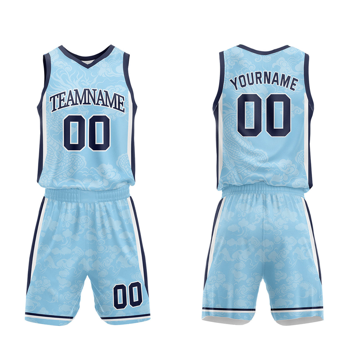 Custom boys basketball jersey and short set, light blue dragon cloud sublimated jersey and shorts with personalized team name, player number and logo, breathable quick dry mesh for boys games.