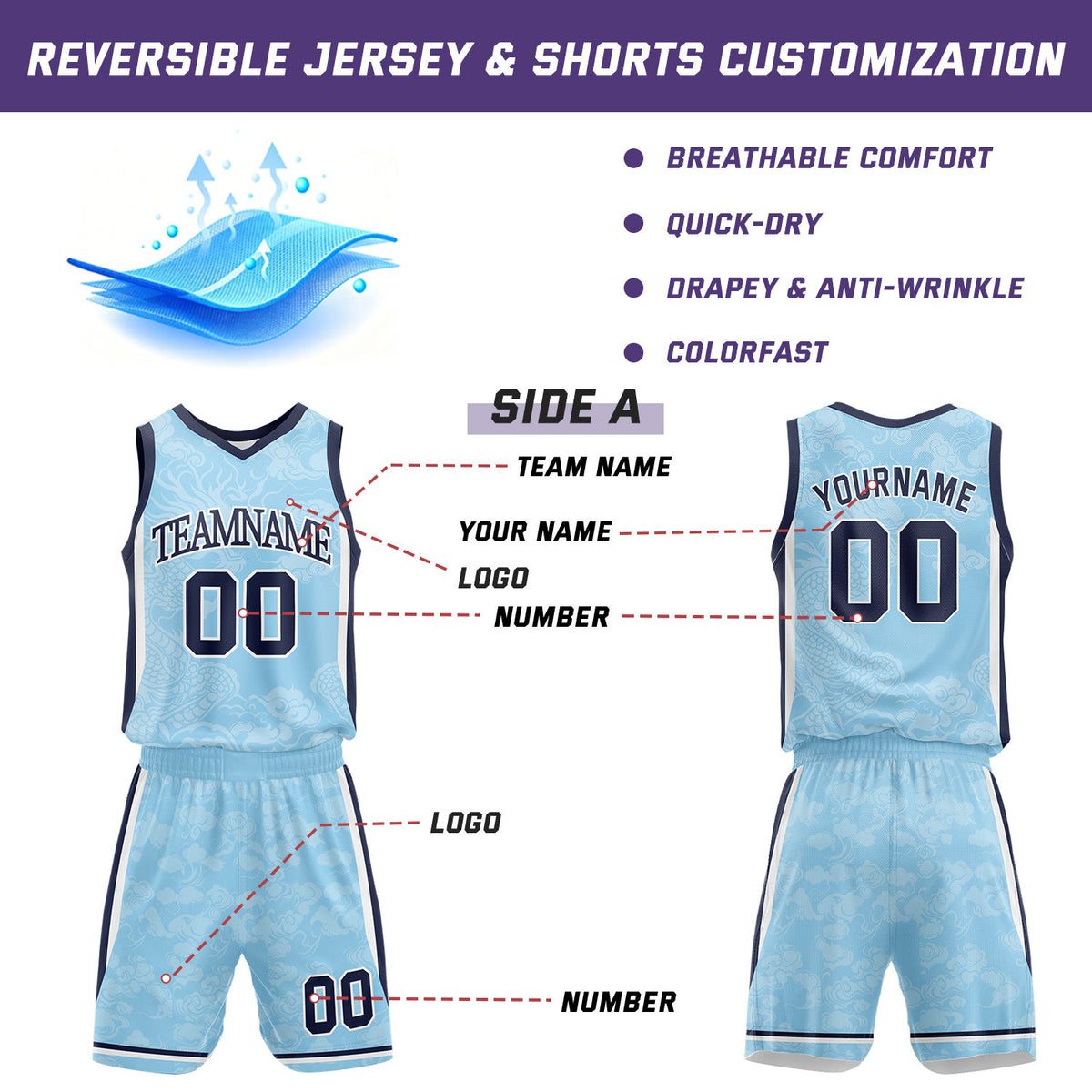 Custom Basketball Jersey and Short Set | Light Blue Dragon Cloud V-Neck Sublimated Team Uniform