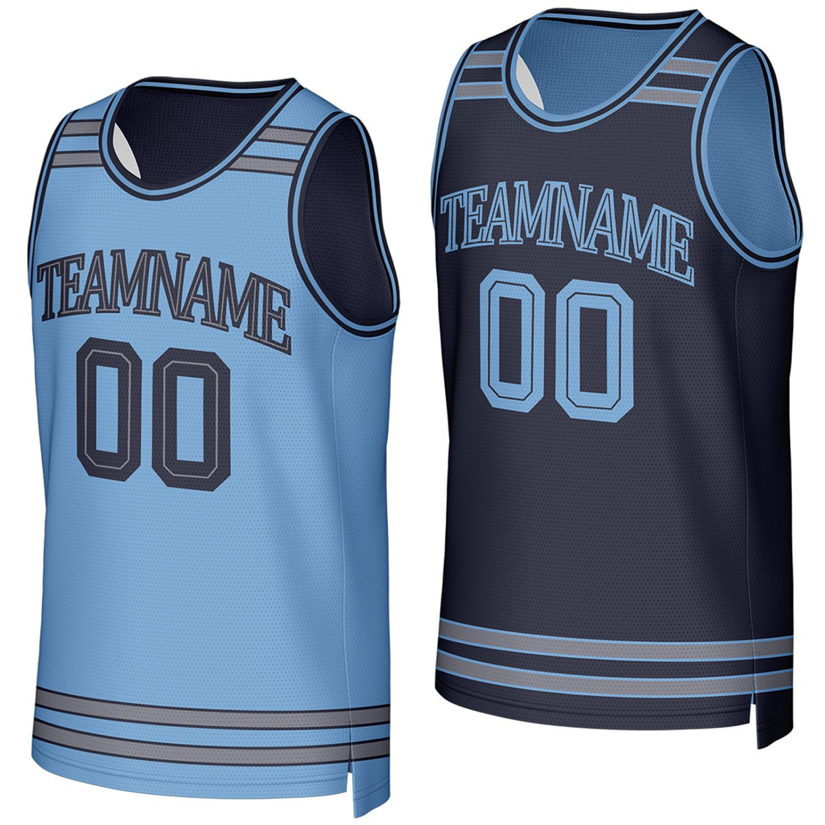 custom boys basketball jerseys light blue navy reversible by Vosoli, Personalized team name, number &amp; logo.
