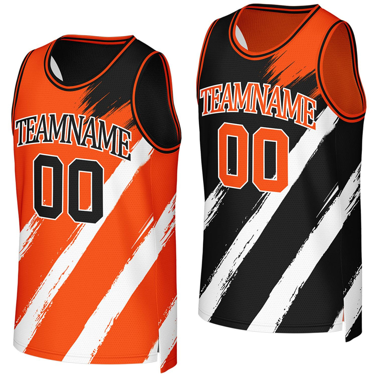 Custom boys basketball jerseys orange black reversible by Vosoli, Personalized team name, number &amp; logo. Fast delivery.