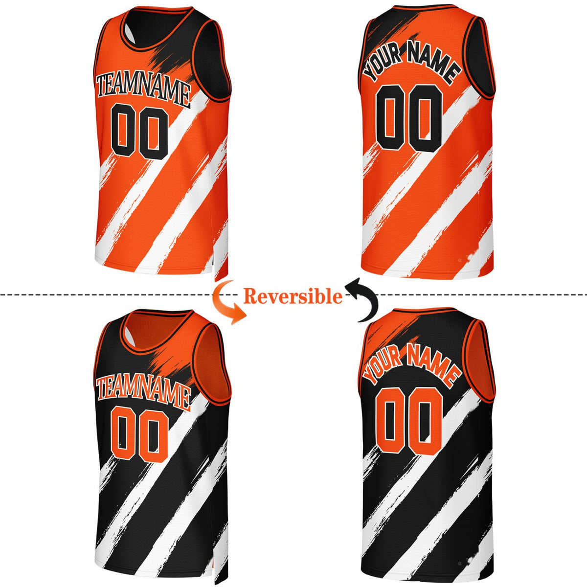 Custom Orange & Black Brush Stroke Reversible Basketball Jersey | Personalized Team Uniforms for Adult & Youth