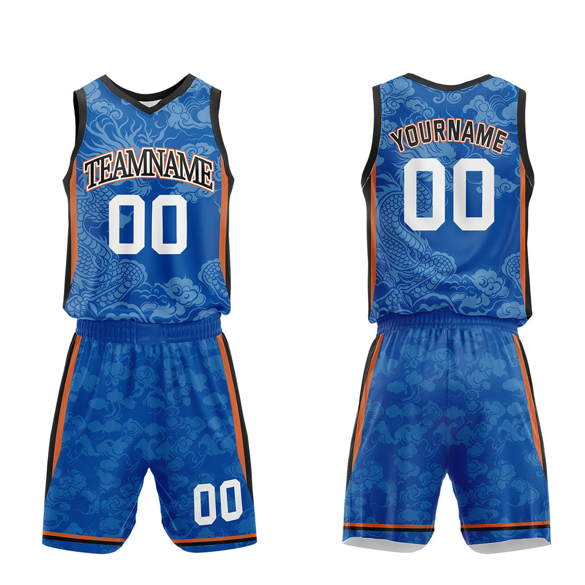 Custom boys basketball jerseys set, blue dragon cloud sublimated jersey and shorts with personalized team name, player number and logo, breathable quick dry mesh for boys games.