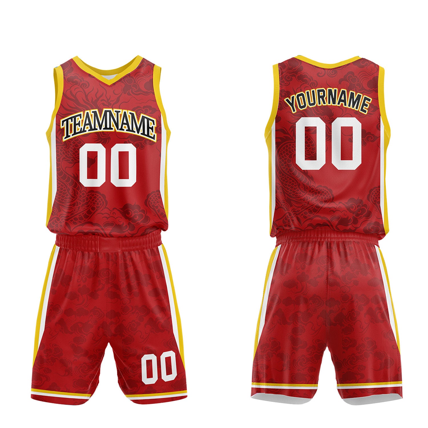Custom boys basketball jerseys set, red dragon cloud sublimated jersey and shorts with personalized team name, player number and logo, breathable quick dry mesh for boys games.