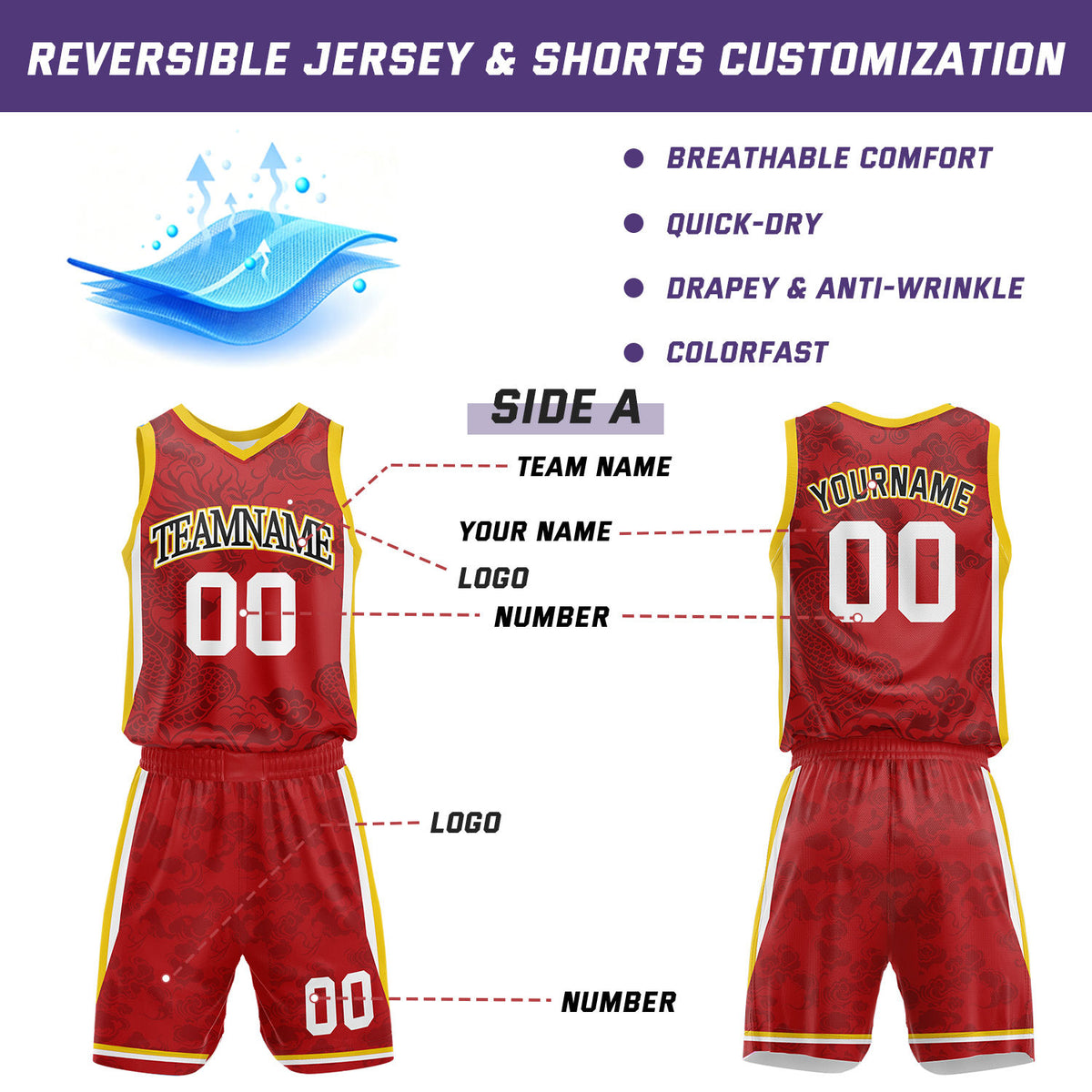 Custom Basketball Jerseys and Shorts Set | Red Dragon Cloud V-Neck Sublimated Team Uniform