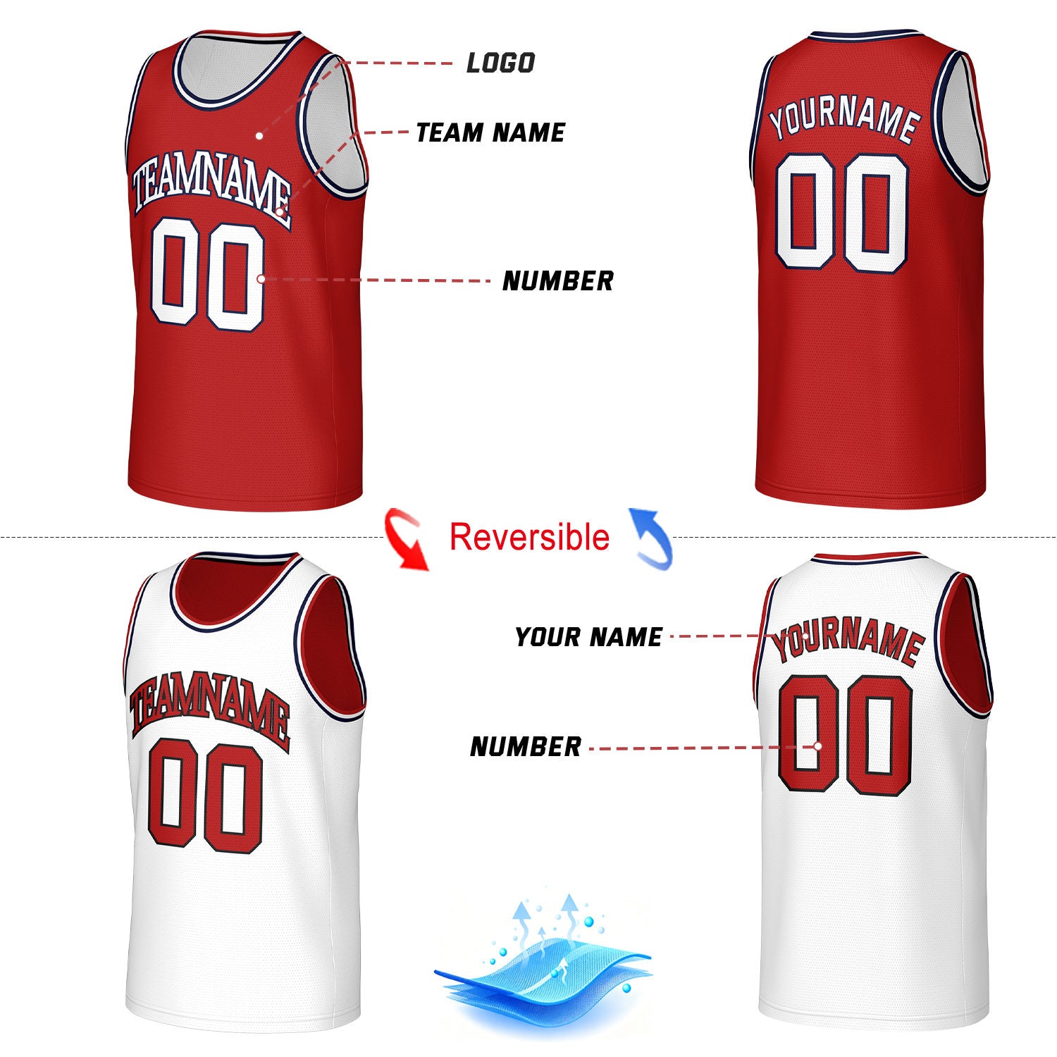 Custom Classic Double Trim Reversible Basketball Jersey White & Red Mesh Team Uniform for Adult Youth