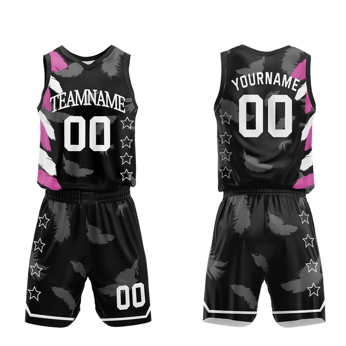 Custom boys basketball uniform set, black pink feather sublimated jersey and shorts with personalized team name, player number and logo, breathable quick dry mesh for boys games.