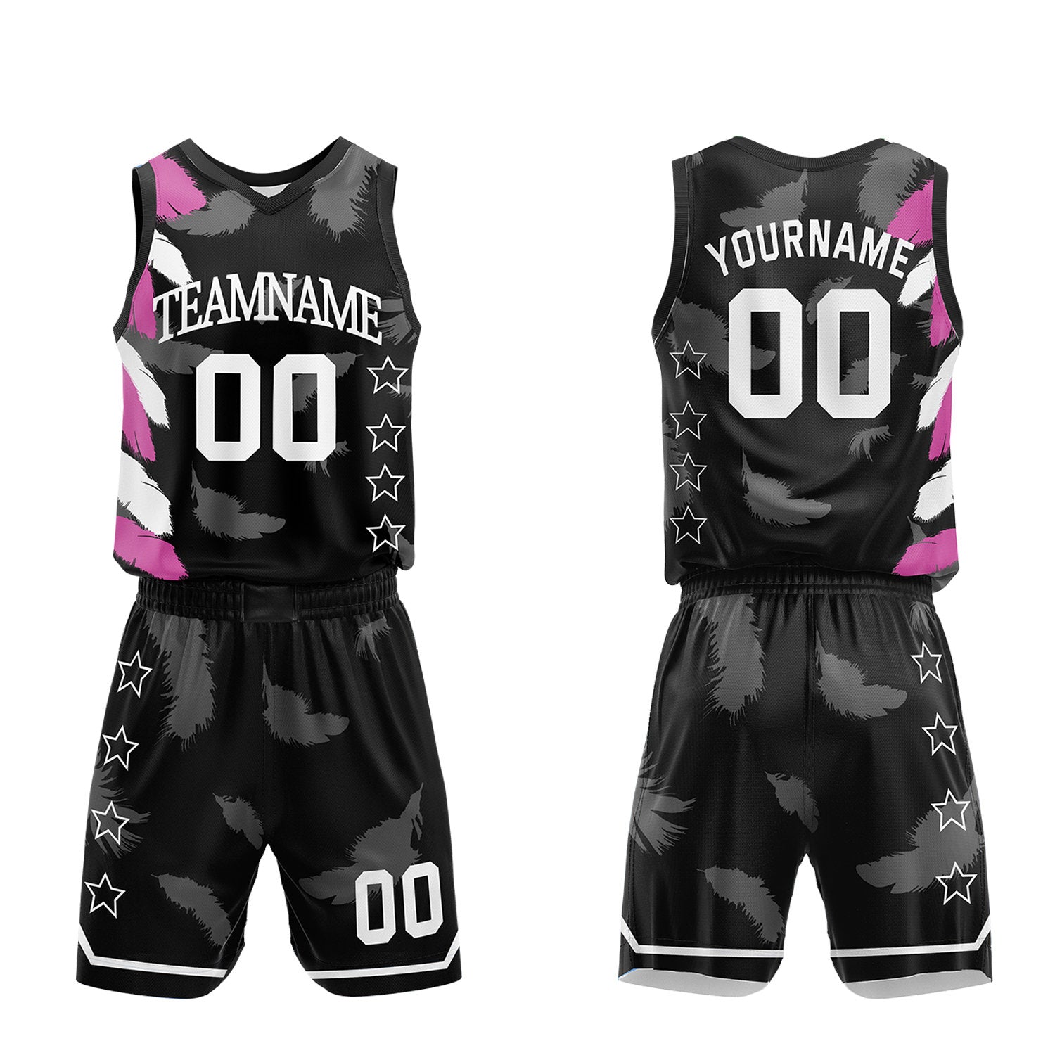 Custom boys basketball uniform set, black pink feather sublimated jersey and shorts with personalized team name, player number and logo, breathable quick dry mesh for boys games.