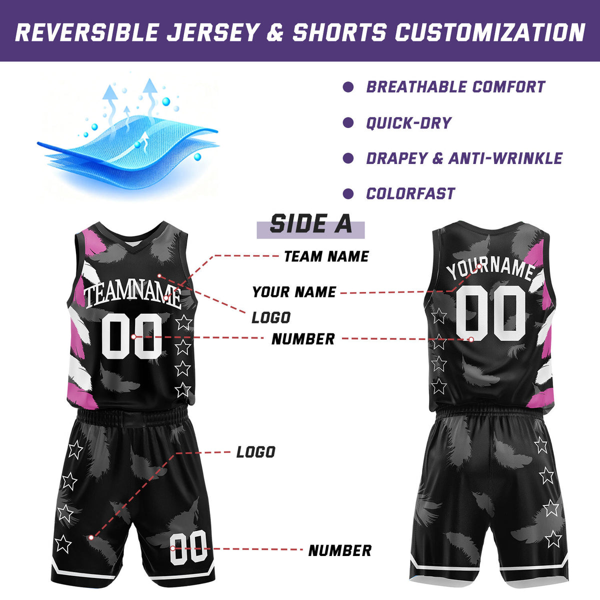 Custom Basketball Jerseys and Shorts Set | Black Pink Feather V-Neck Sublimated Team Uniform