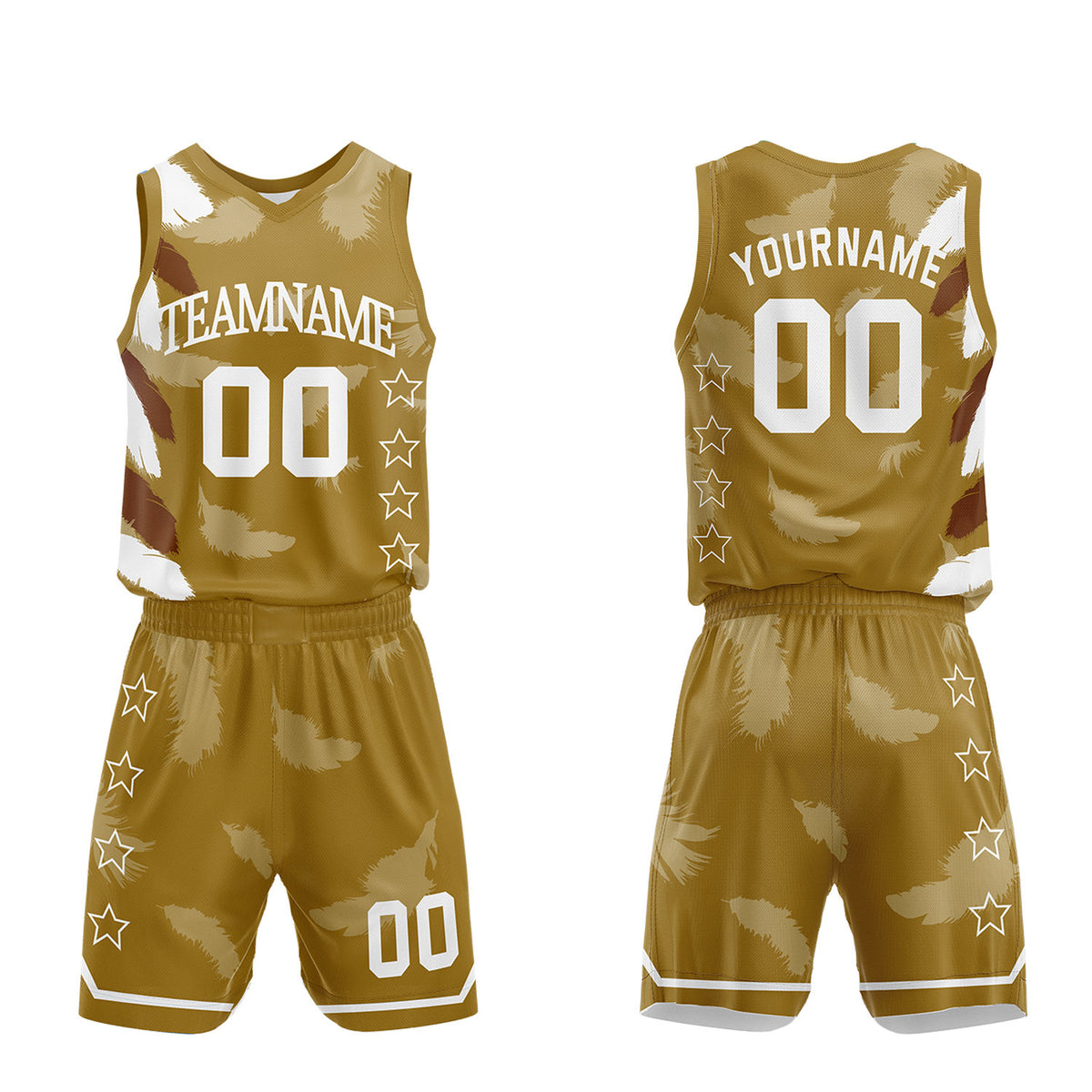 Custom boys basketball uniform set, gold brown feather sublimated jersey and shorts with personalized team name, player number and logo, breathable quick dry mesh for boys games.