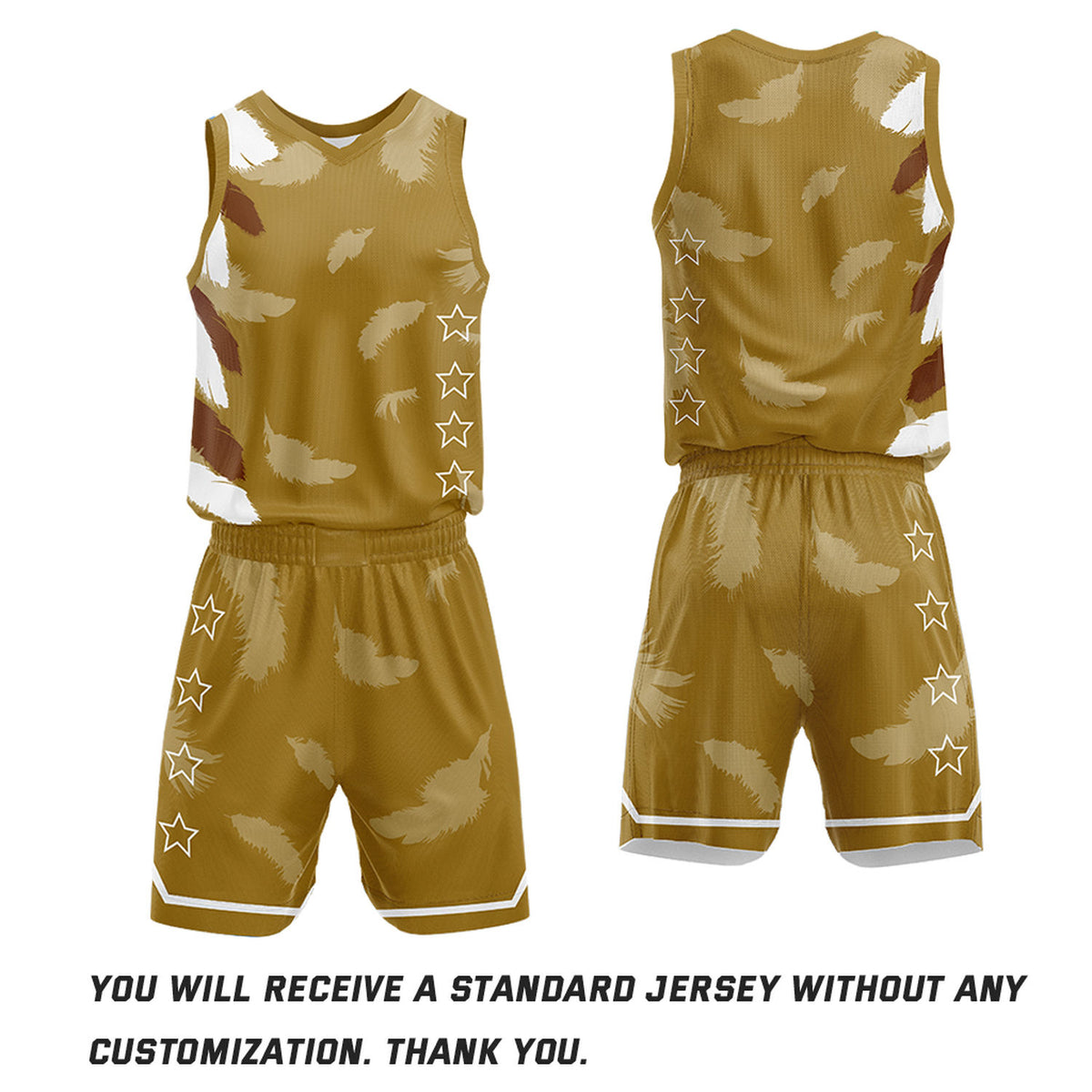 Custom Basketball Jerseys and Shorts Set | Gold Brown Feather V-Neck Sublimated Team Uniform