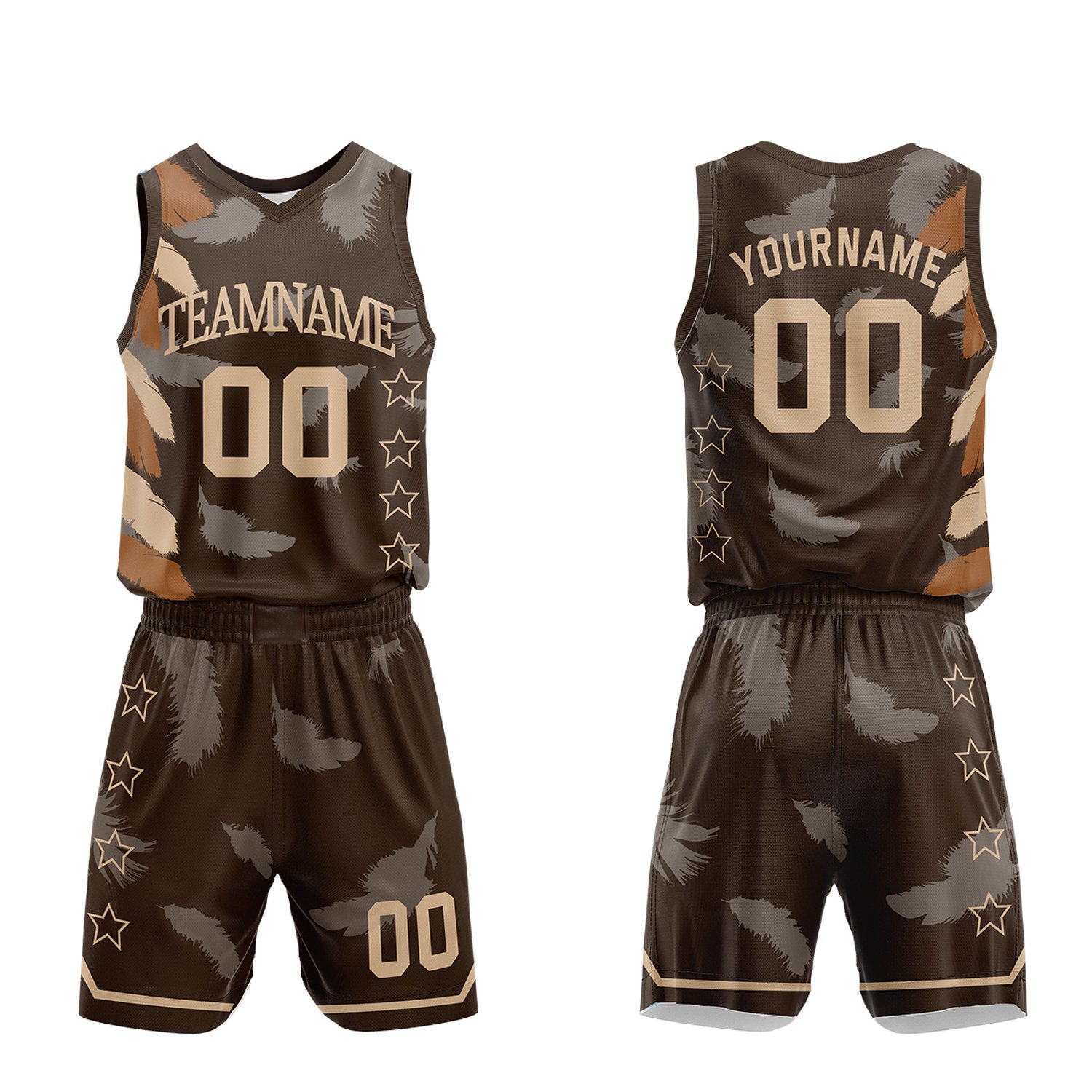 Custom boys basketball uniforms, brown feather sublimated jersey and shorts with personalized team name, player number and logo, breathable quick dry mesh for boys games.