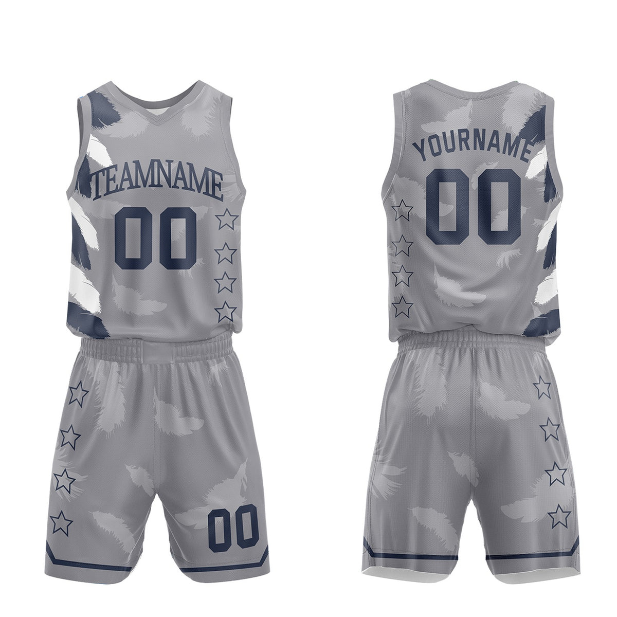 Custom boys basketball uniforms, gray navy feather sublimated jersey and shorts with personalized team name, player number and logo, breathable quick dry mesh for boys games.