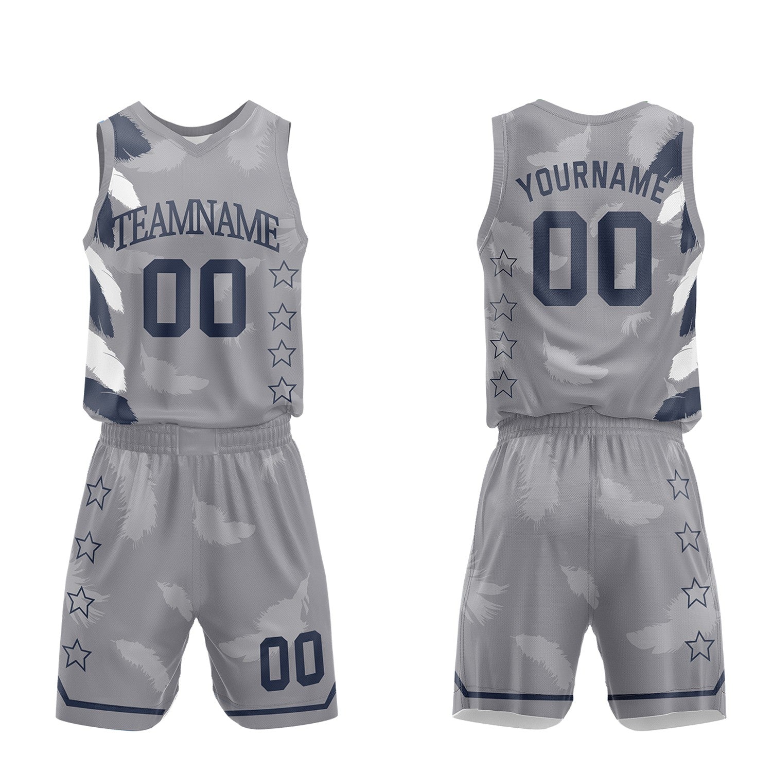 Custom boys basketball uniforms, gray navy feather sublimated jersey and shorts with personalized team name, player number and logo, breathable quick dry mesh for boys games.