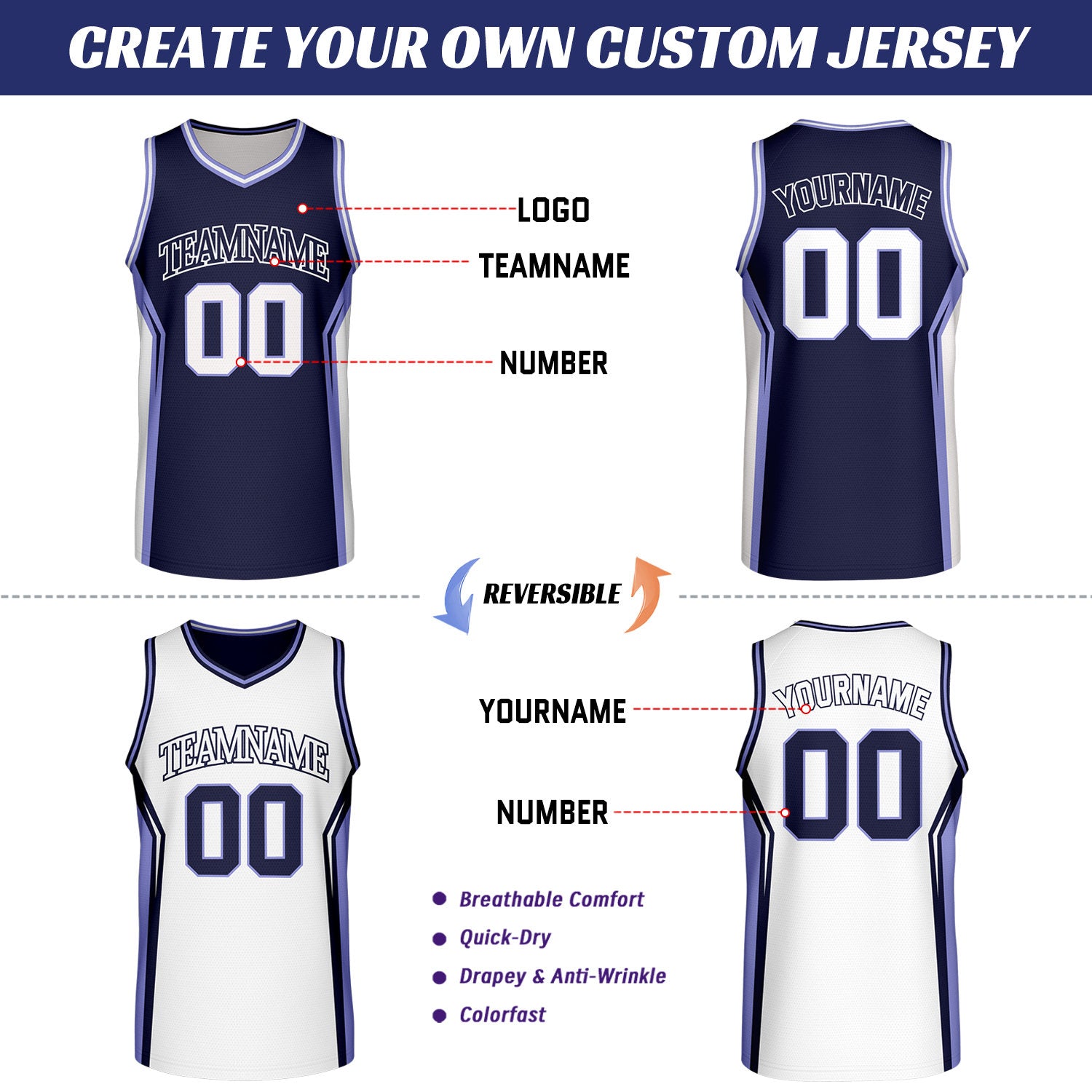 Custom Navy & White Two Sided Basketball Uniform Set | Personalized Team Uniforms for Adult & Youth