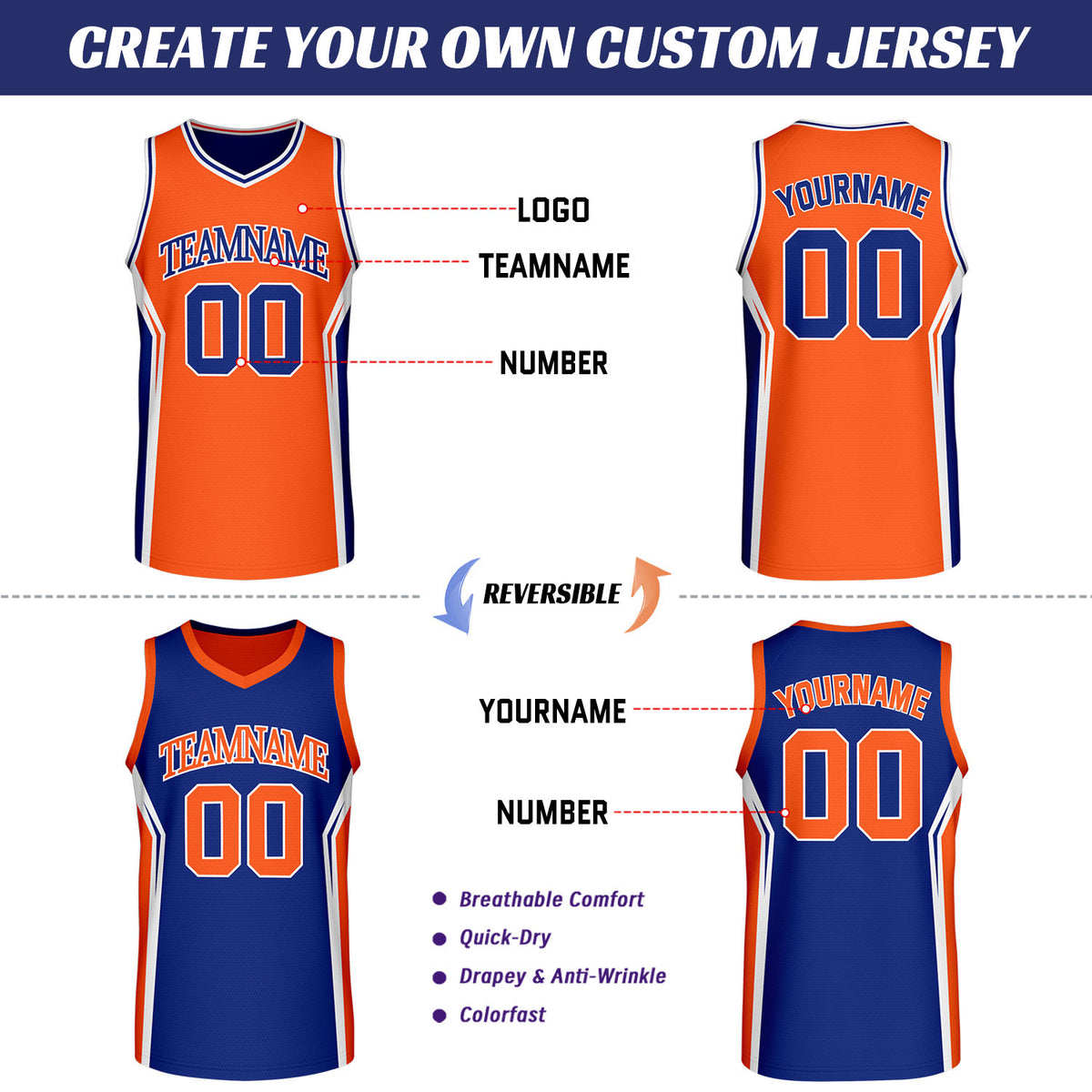 Custom Orange & Royal Blue Two Sided Basketball Uniform Set | Personalized Team Uniforms for Adult & Youth