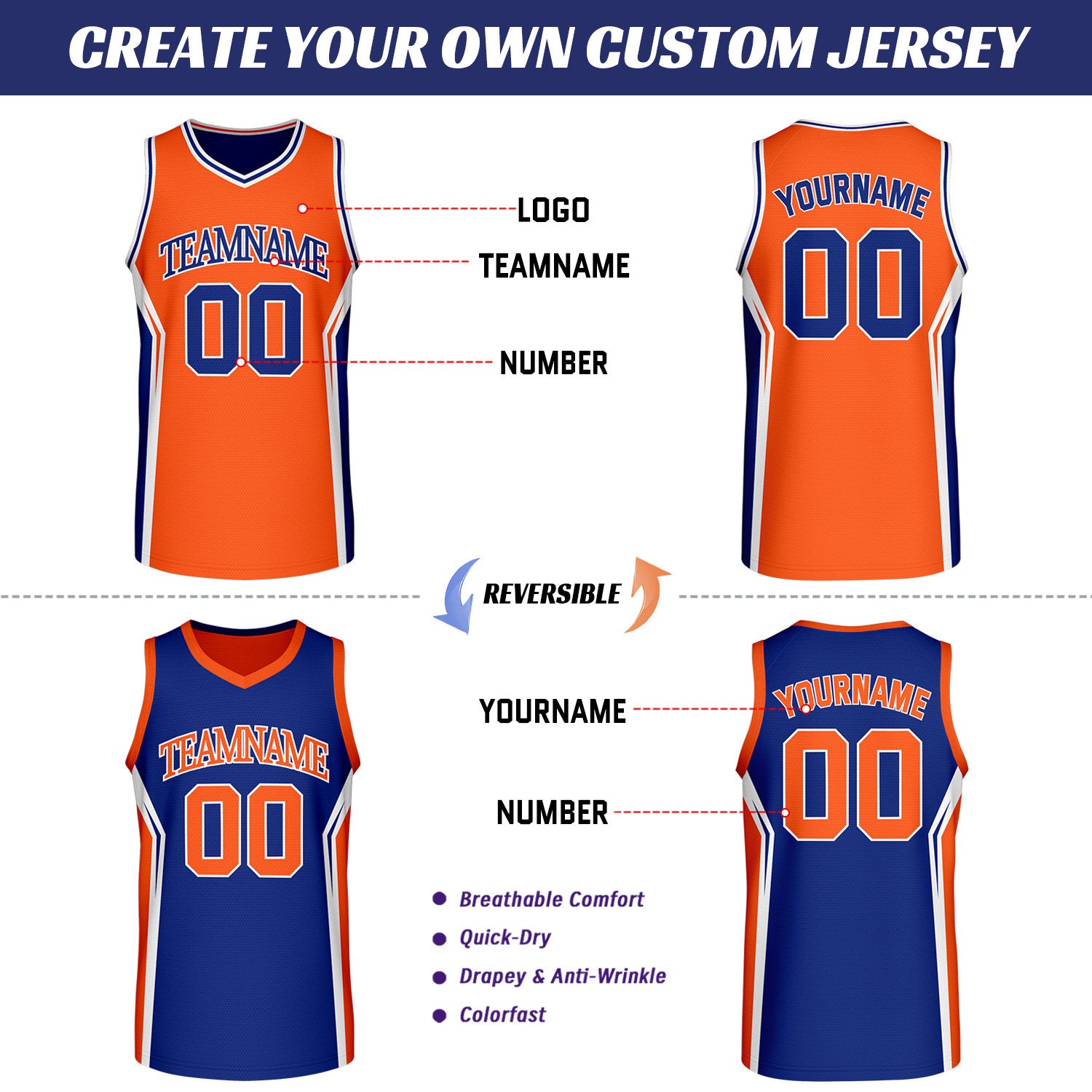Custom Orange & Royal Blue Two Sided Basketball Uniform Set | Personalized Team Uniforms for Adult & Youth