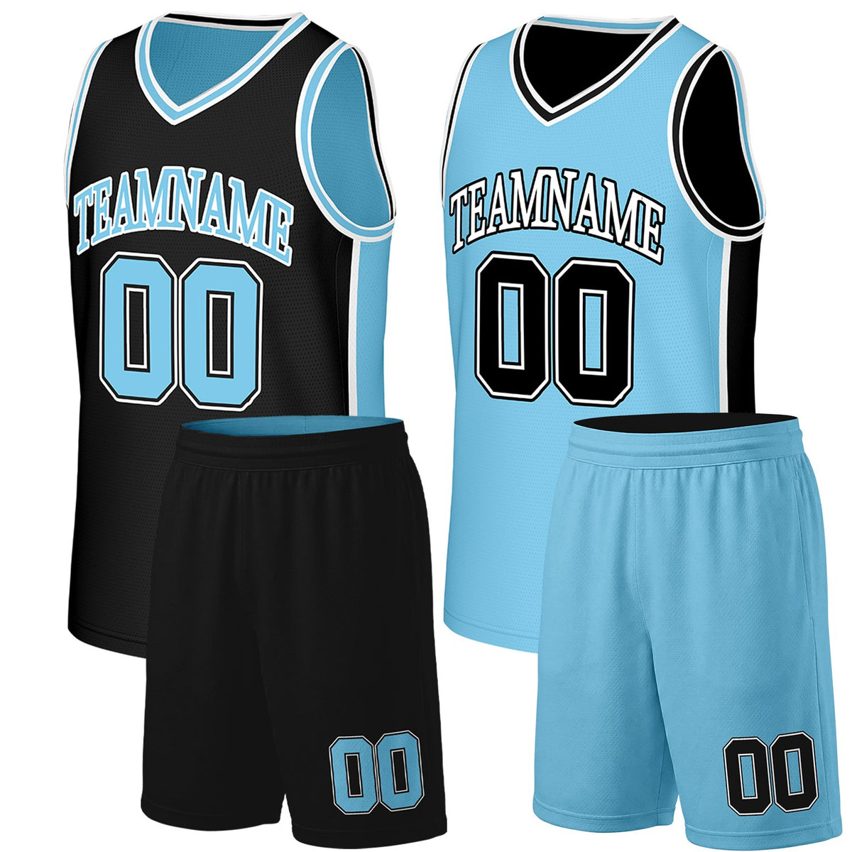 Custom boys basketball uniforms black Carolina Blue reversible by Vosoli. Personalized team name, number & logo. Breathable mesh. Fast delivery.