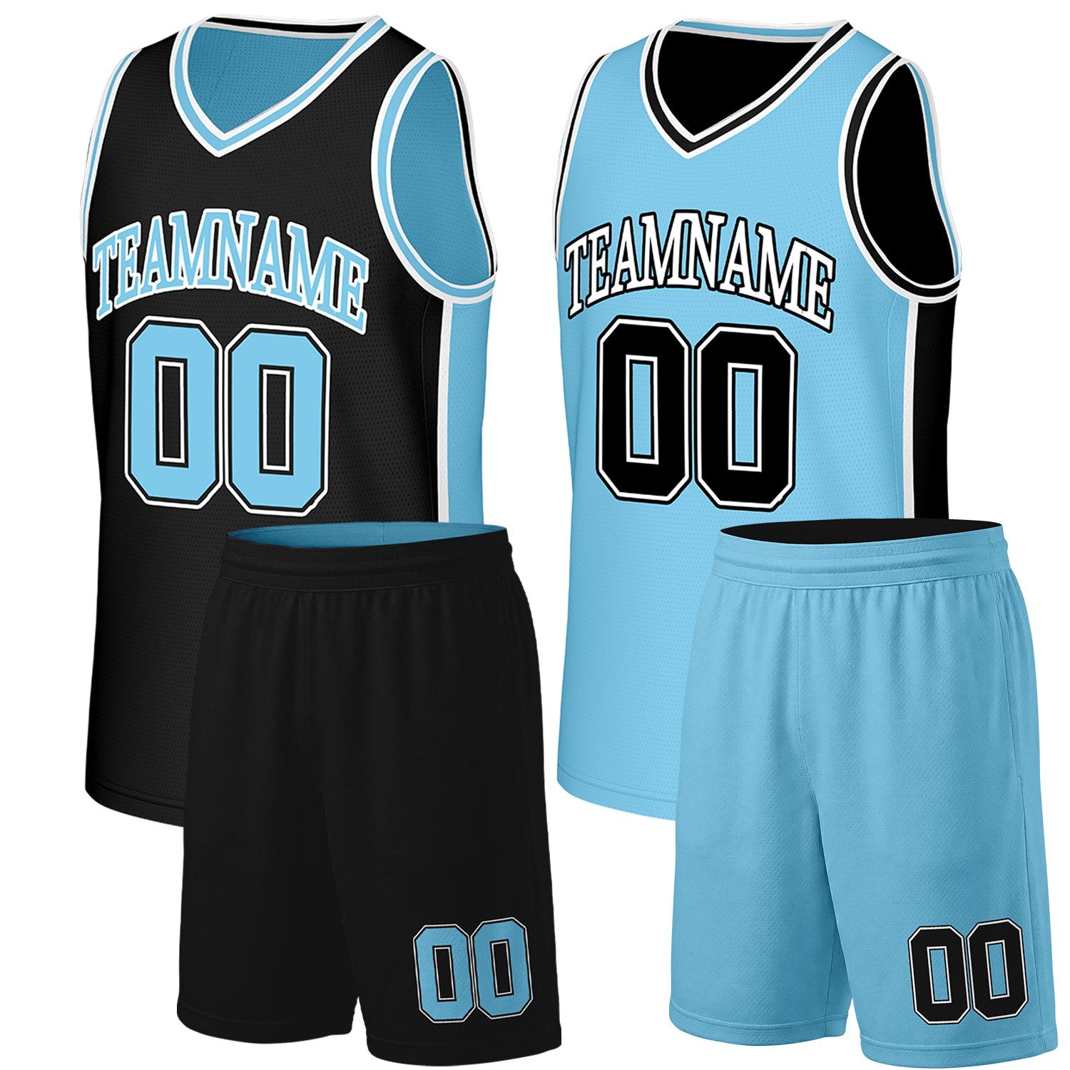 Custom boys basketball uniforms black Carolina Blue reversible by Vosoli. Personalized team name, number & logo. Breathable mesh. Fast delivery.