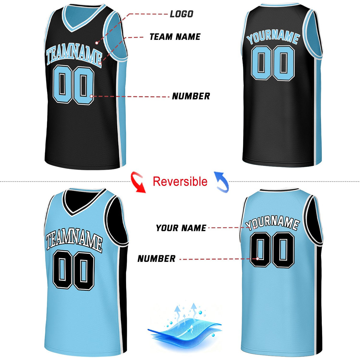 Custom Black & Carolina Blue Double Sided Basketball Uniform Set | Personalized Team Uniforms for Adult & Youth