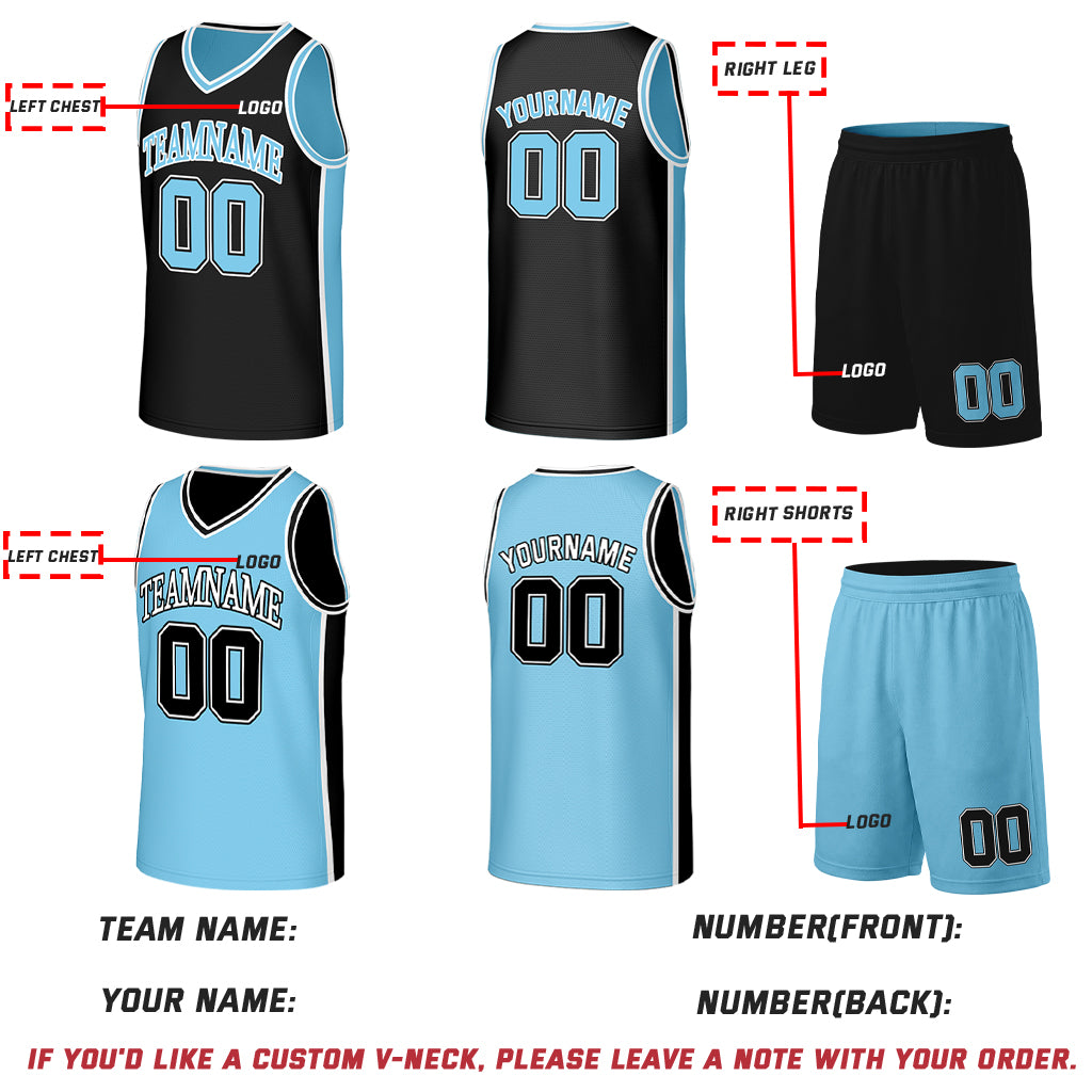 Custom Black & Carolina Blue Double Sided Basketball Uniform Set | Personalized Team Uniforms for Adult & Youth