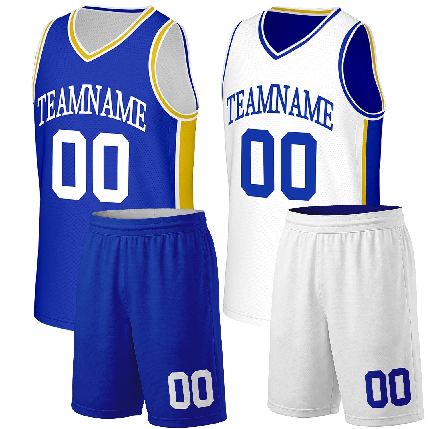 Custom boys basketball uniforms royal blue gold reversible by Vosoli. Personalized team name, number & logo. Breathable mesh. Fast delivery.