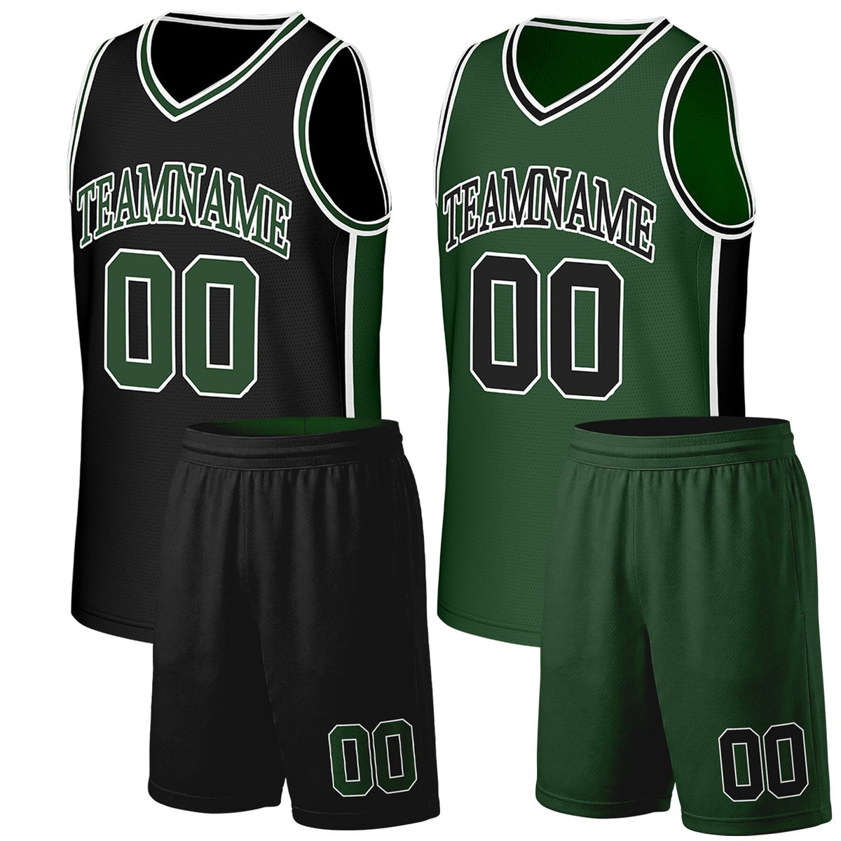 Custom boys youth basketball uniforms black green reversible by Vosoli. Personalized team name, number &amp; logo. Breathable mesh. Fast delivery.