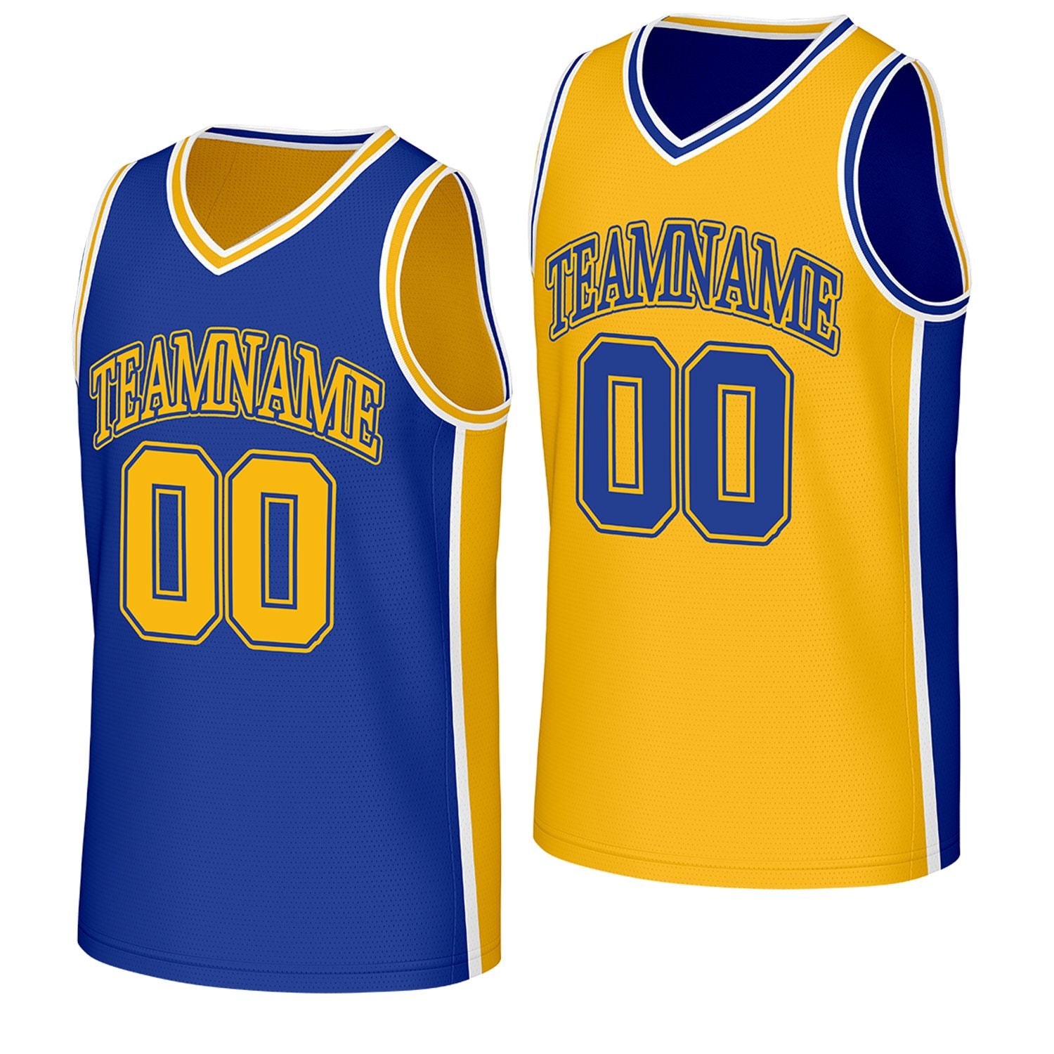 custom breathable mesh basketball jerseys royalblue gold reversible by Vosoli, Personalized team name, number & logo. Fast delivery.