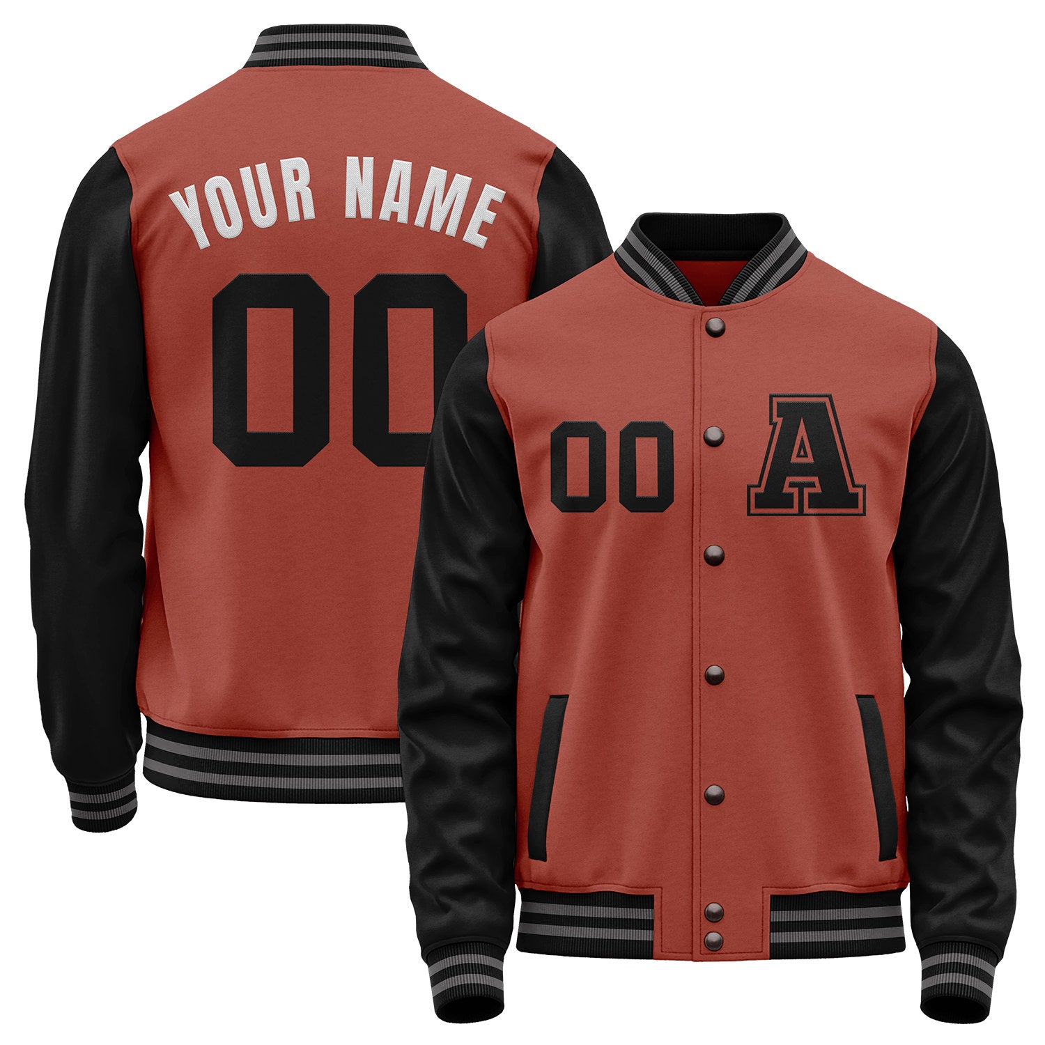 Custom brick red and black varsity jacket manufacturer by Vosoli with stitched name, number and logo. Classic varsity jacket for baseball and casual wear.