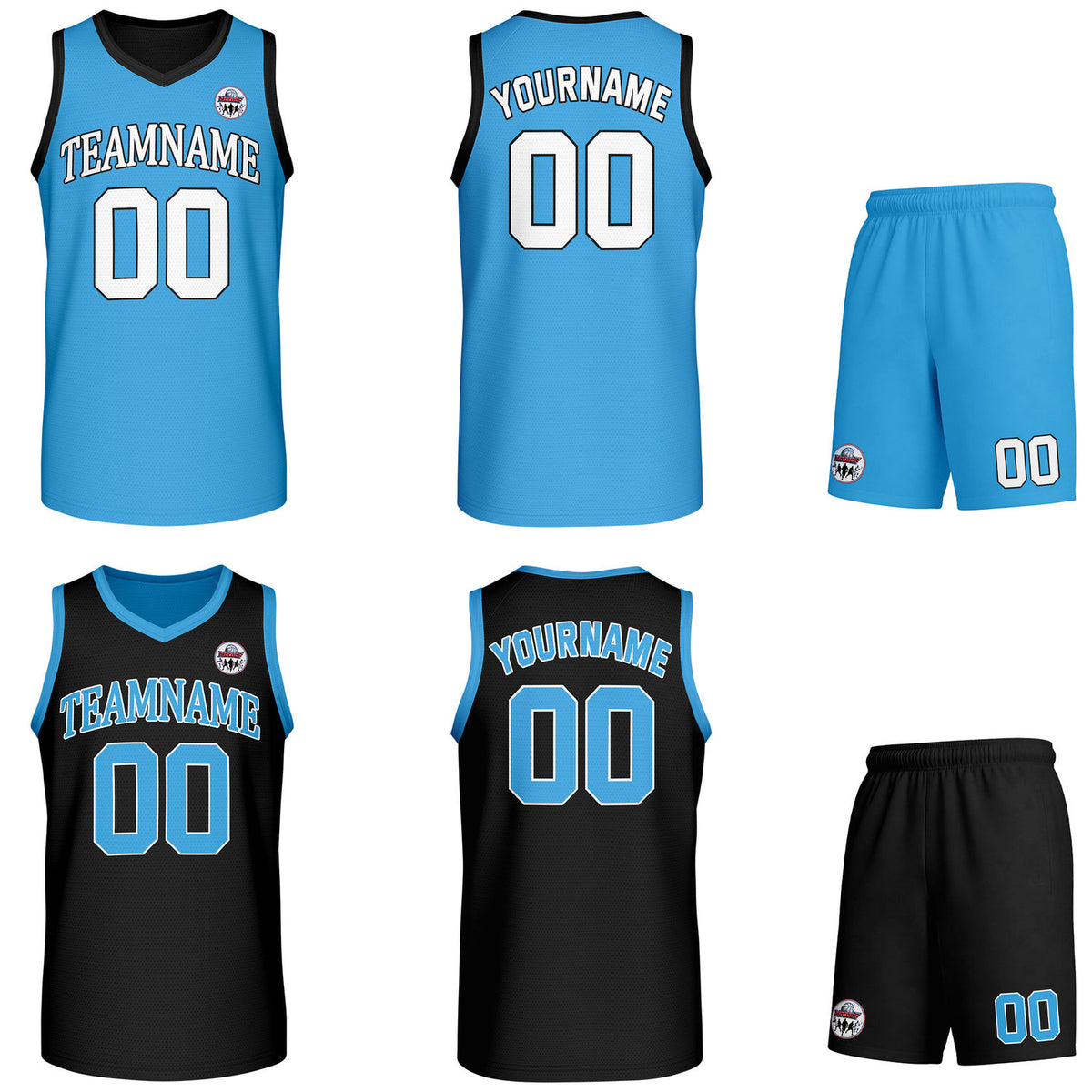 Custom bright blue &amp; black Reversible basketball uniform set, personalized team name number logo breathable mesh jersey and shorts men women youth game practice - Vosoli