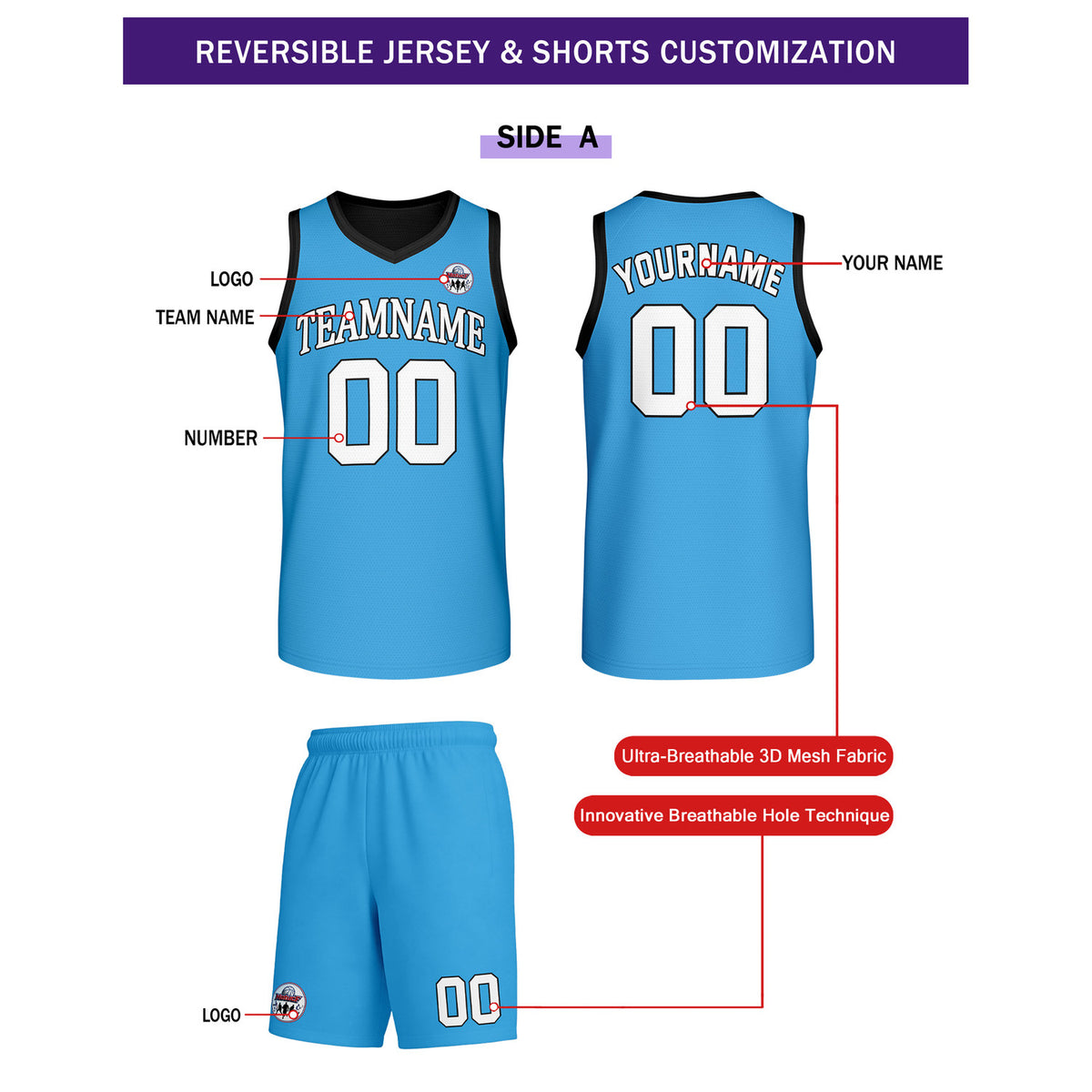 Custom Bright Blue & Black Reversible Basketball Uniform Set | Personalized Team Name & Number - Vosoli