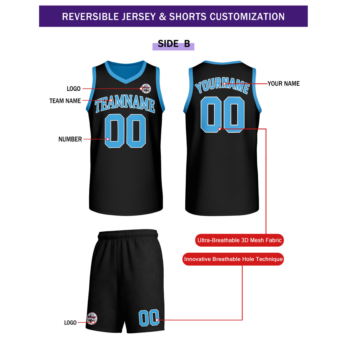 Custom Bright Blue & Black Reversible Basketball Uniform Set | Personalized Team Name & Number - Vosoli
