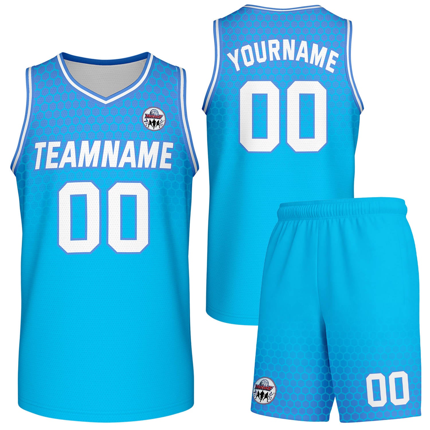 Custom bright blue honeycomb-pattern basketball uniform set, personalized team name number logo breathable mesh jersey and shorts men women youth game practice - Vosoli