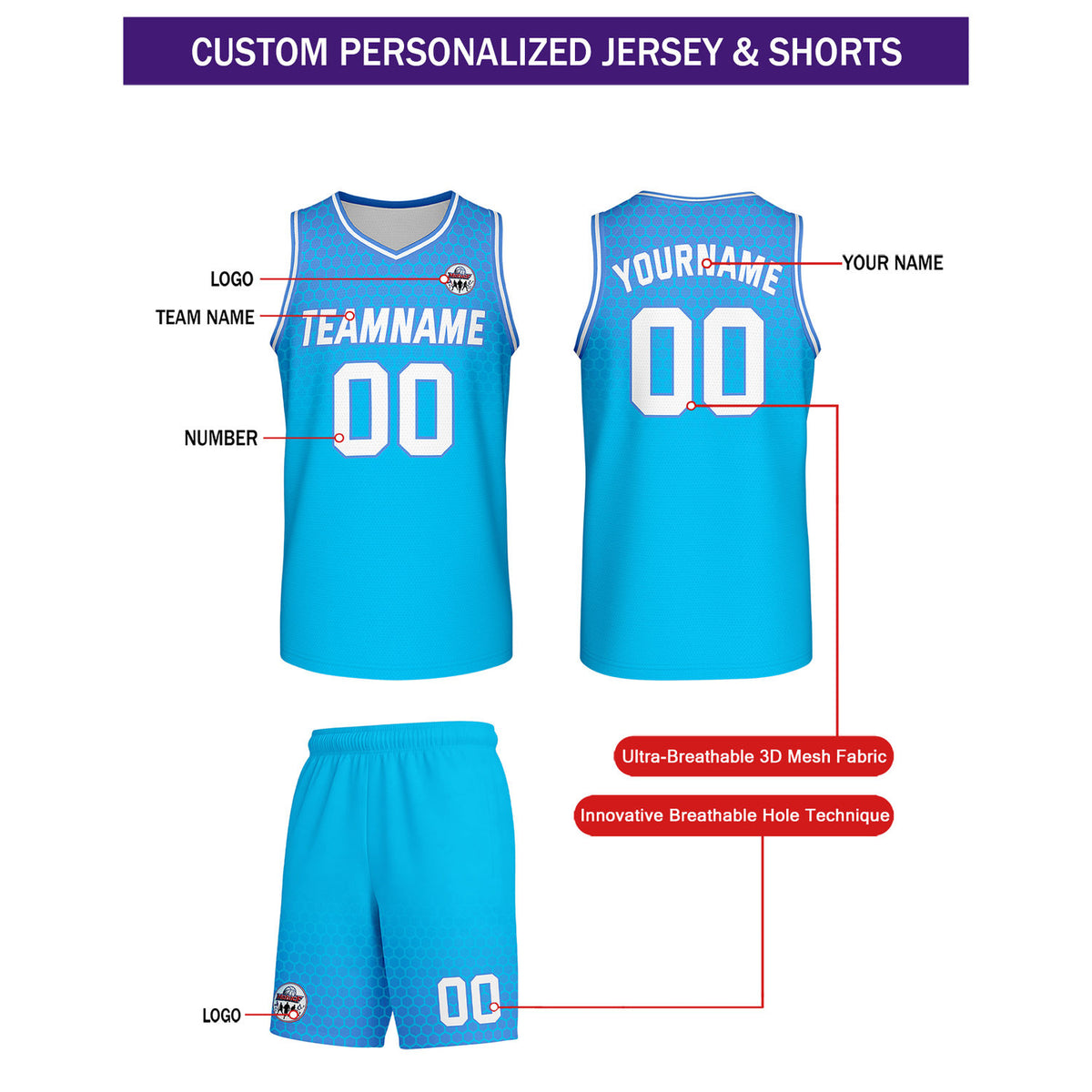 Custom Bright Blue Honeycomb Basketball Uniform Set | Personalized Team Name & Number - Vosoli