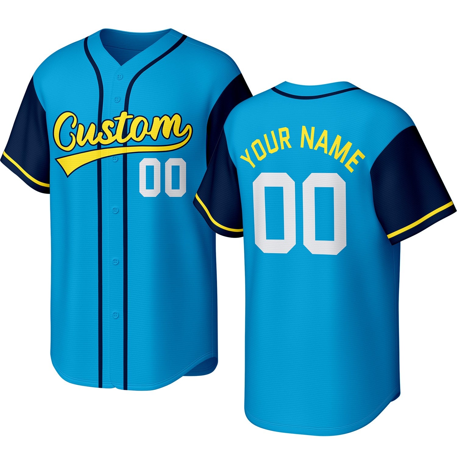 Custom bright blue baseball jersey with stitched logo, personalized name & number, button-front short-sleeve sports uniform for team men women youth game practice - Vosoli
