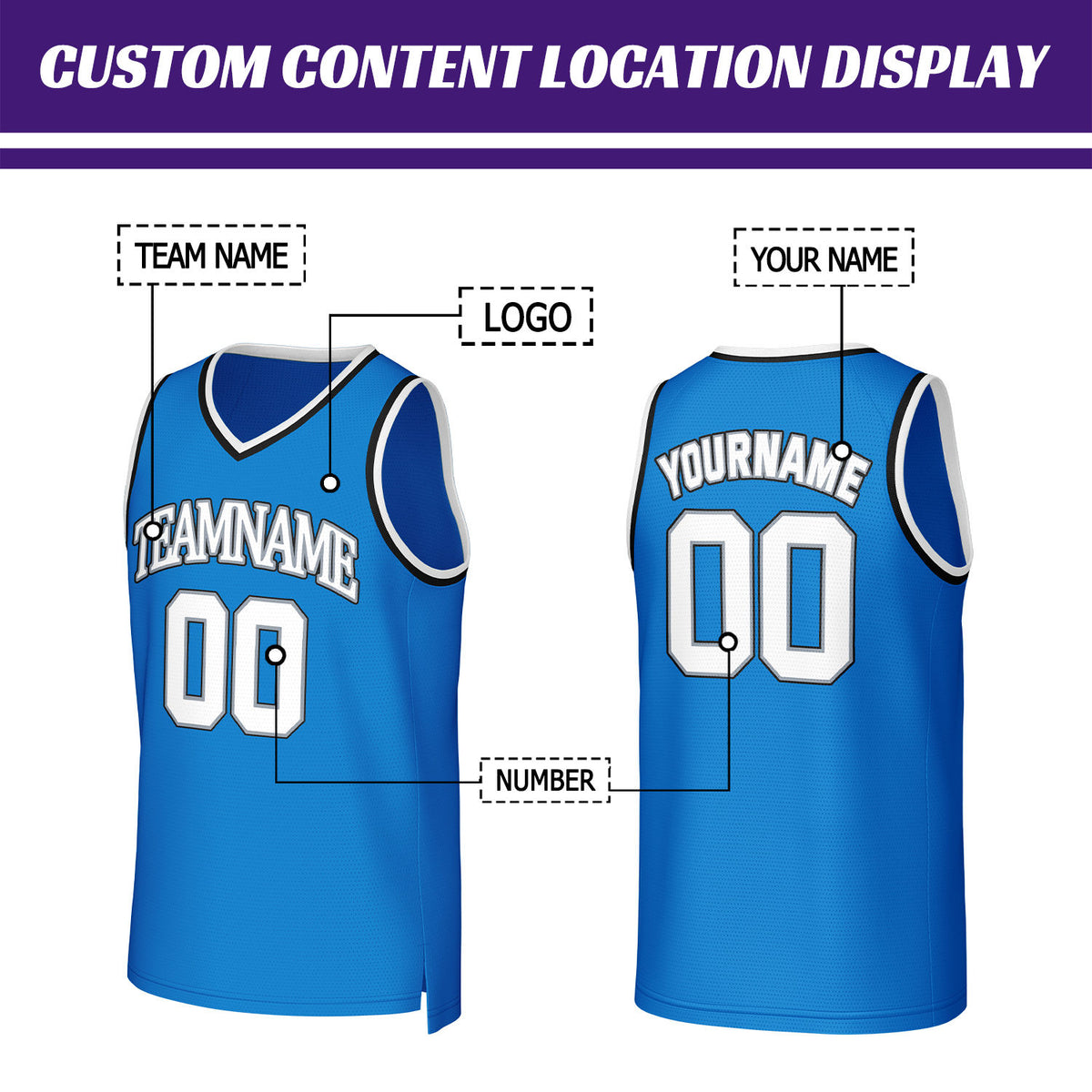 Custom Bright Blue & White Basketball Jersey | Personalized Name & Number Team Uniform