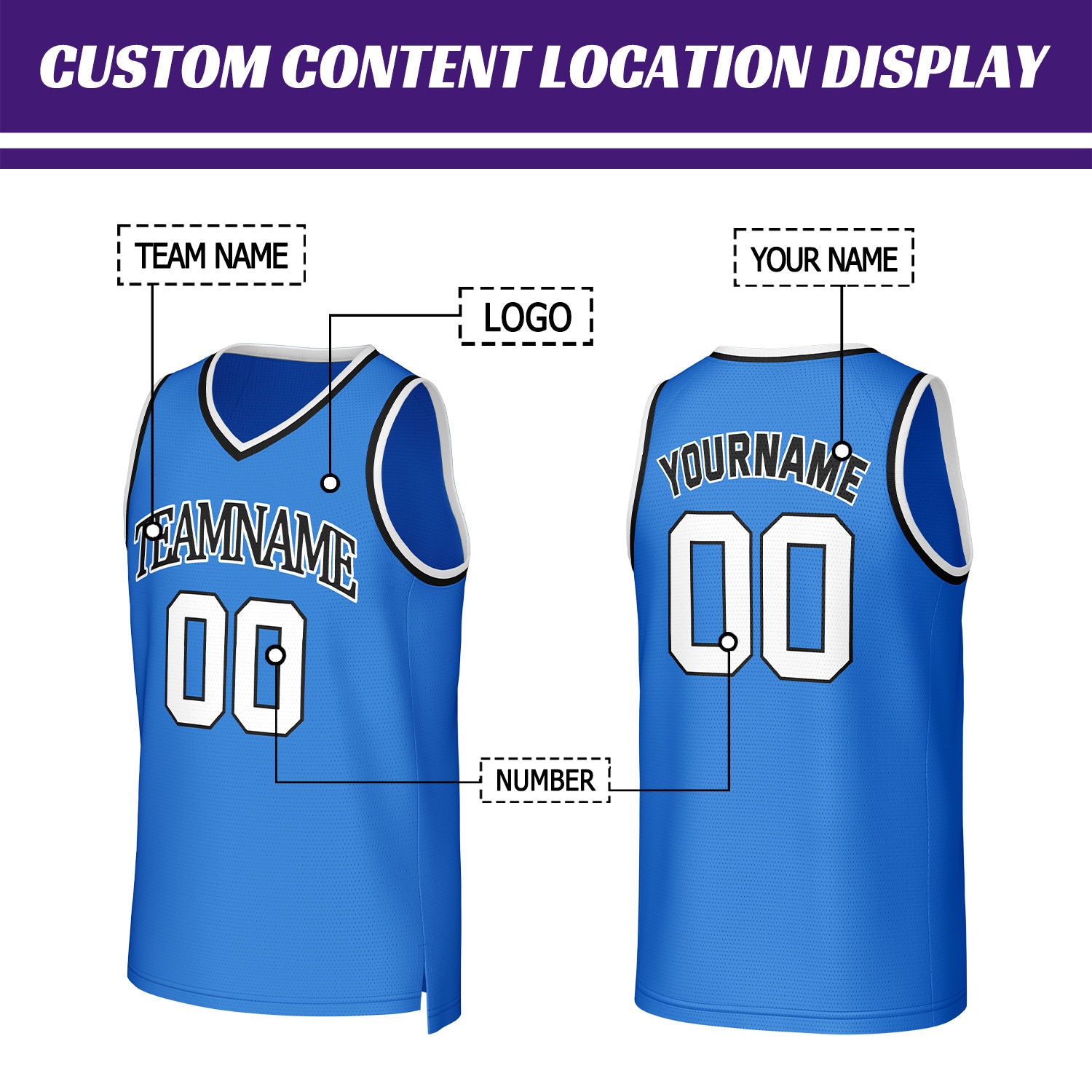Custom Bright Blue & White Basketball Jersey | Personalized Name & Number Team Uniform