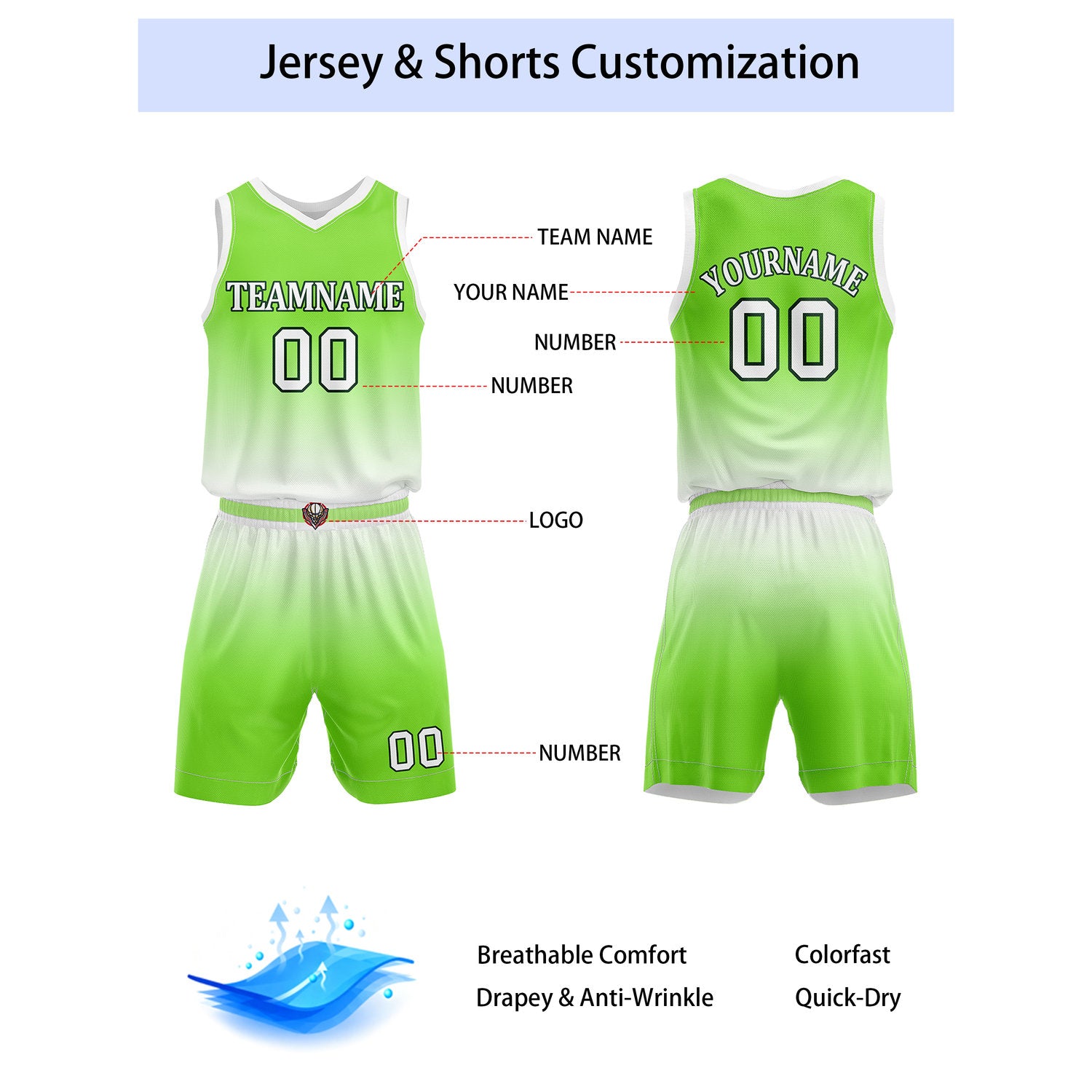 Custom Bright Green & White Gradient Basketball Jersey + Shorts Set - Personalized Team Name, Number | Vosoli