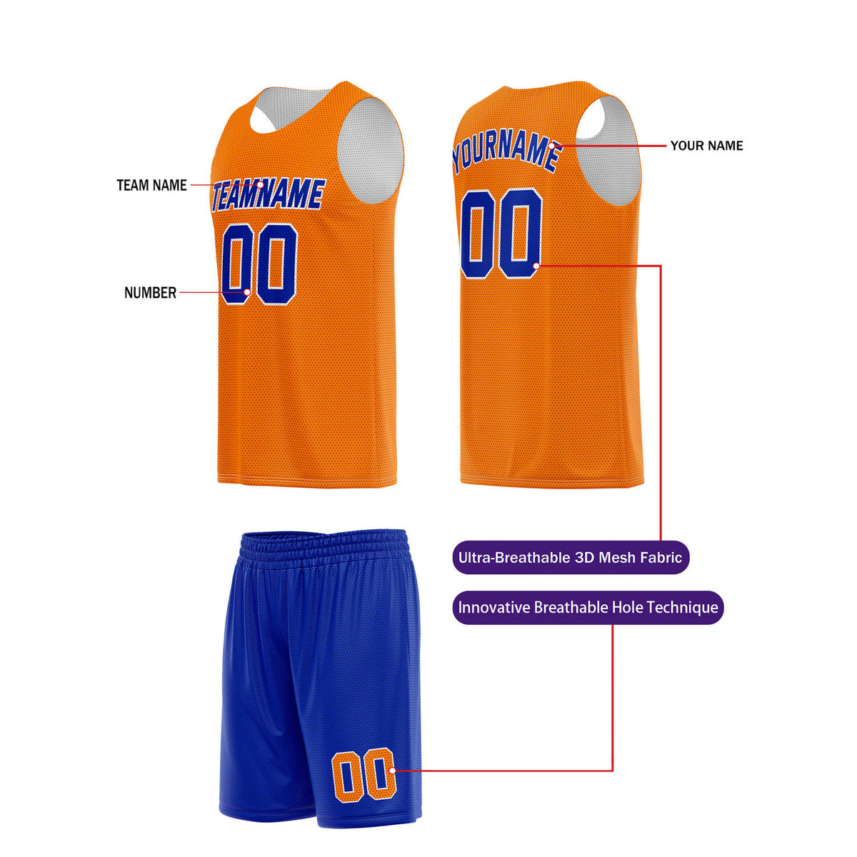 Custom Bright Orange & Royal Blue Basketball Jersey + Shorts Set - Personalized Team Name, Number | Vosoli