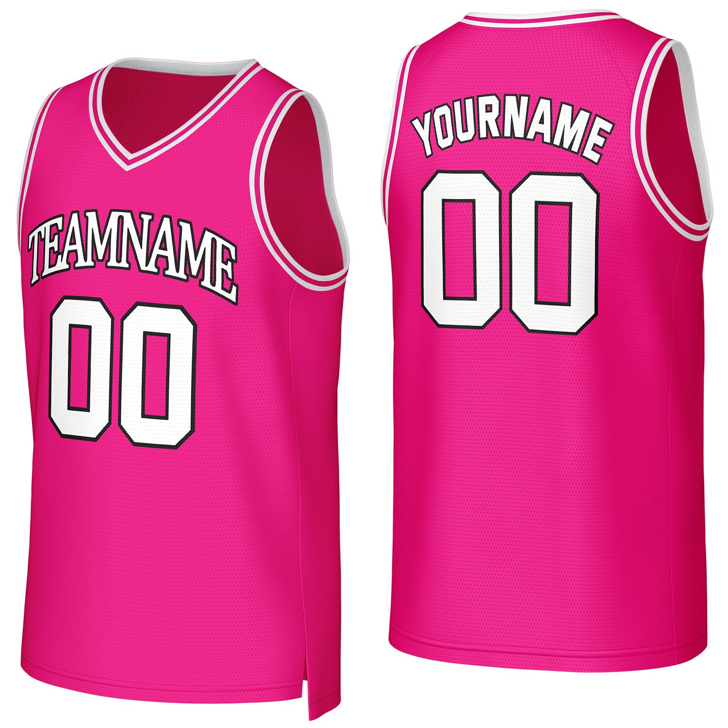 Custom bright pink-white V-neck mesh basketball jersey by Vosoli | Personalized name & number team uniform for youth & adults