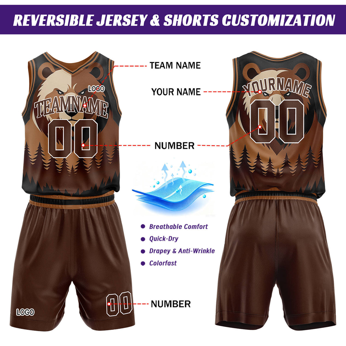 Custom Brown Bear Theme Basketball Jersey & Shorts Set | Personalized Team Uniform