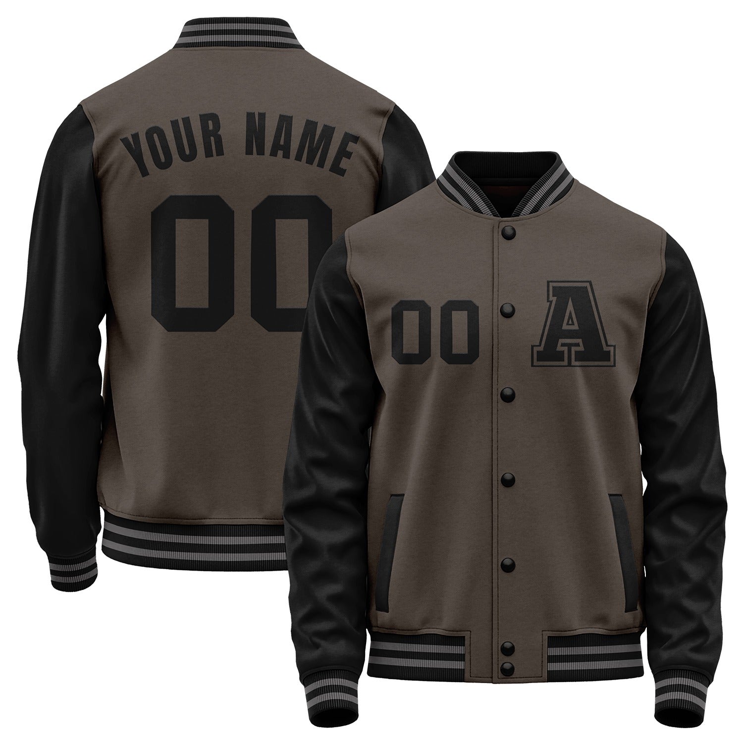 Custom brown and black baseball jackets for high school teams by Vosoli with stitched name, number and logo. Classic varsity jacket for baseball and casual wear.